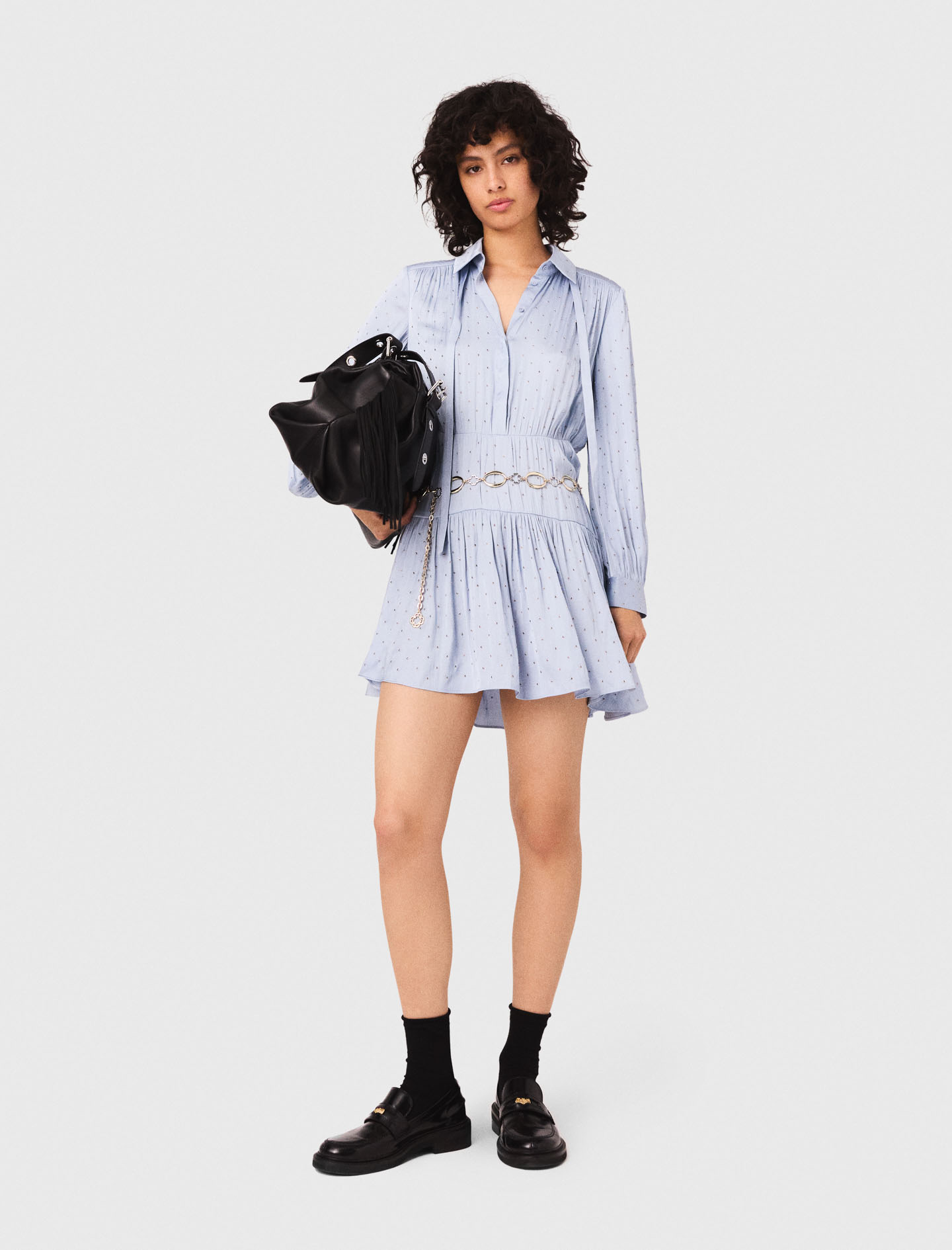 Woman's polyester Studded flowing shirt dress for Fall/Winter, size Extra Extra Large, in color Light Blue / Blue