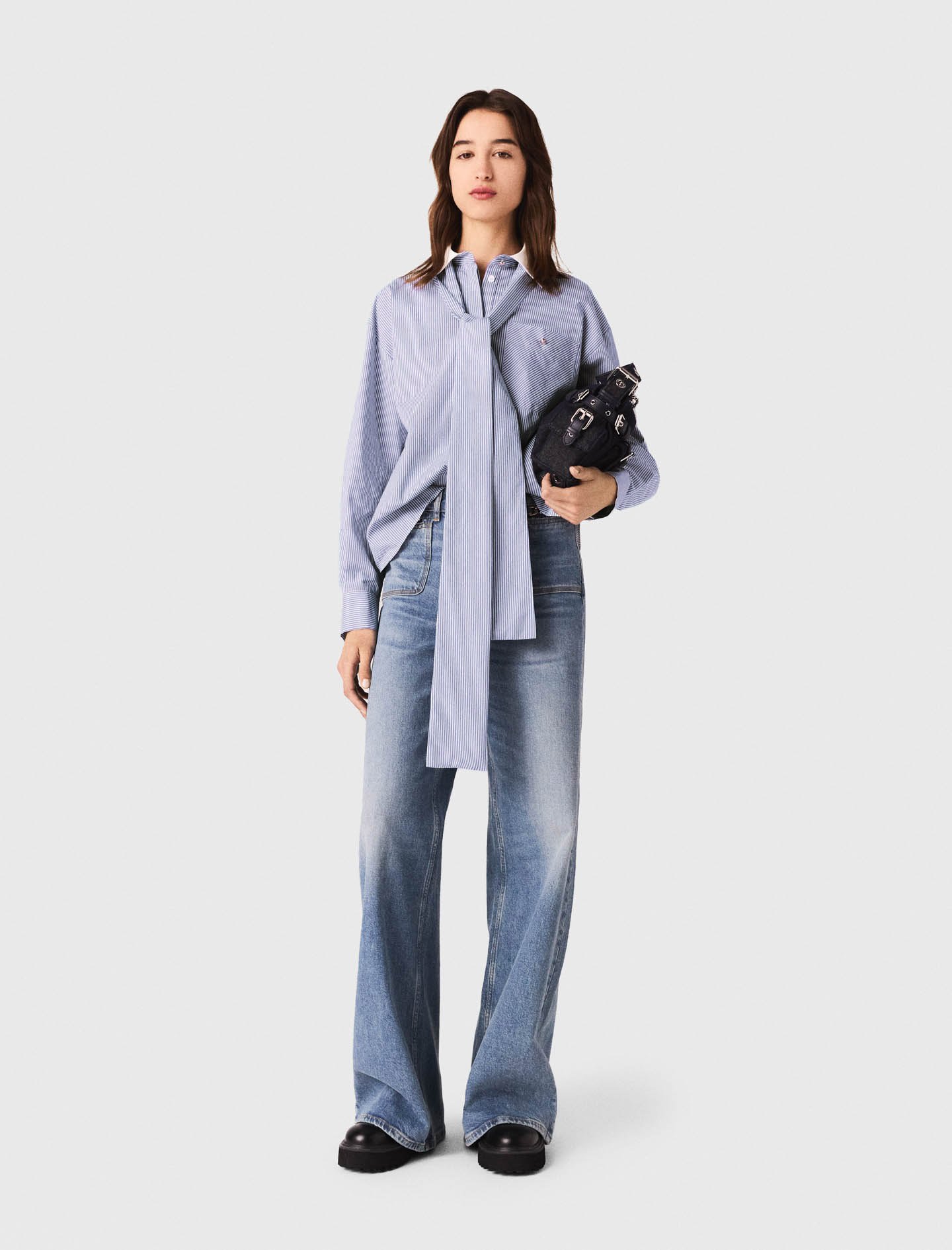 Woman's cotton Striped bow shirt for Fall/Winter, size Extra Small, in color Light Blue / Blue