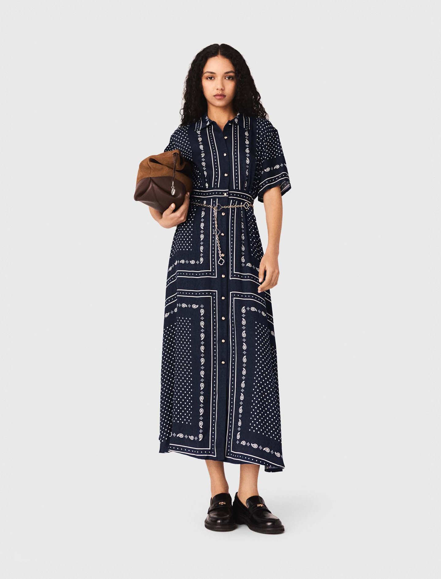 Woman's viscose Flowy patterned maxi dress for Spring/Summer, size Extra Extra Large, in color Navy Dot Bandana Print / by Maje