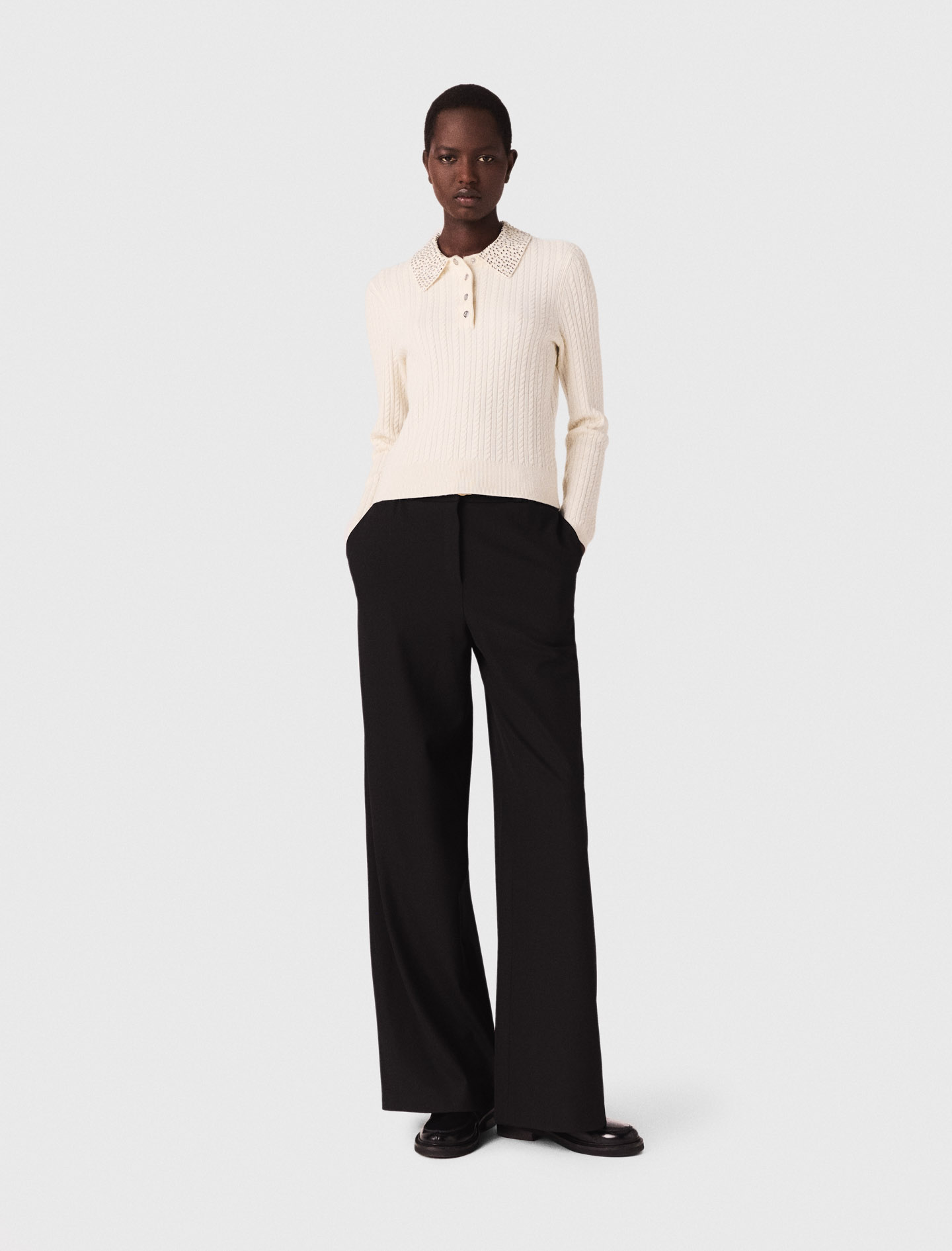 Woman's wool Knit polo shirt with rhinestone collar for Fall/Winter, size Medium, in color Ecru / Beige by Maje