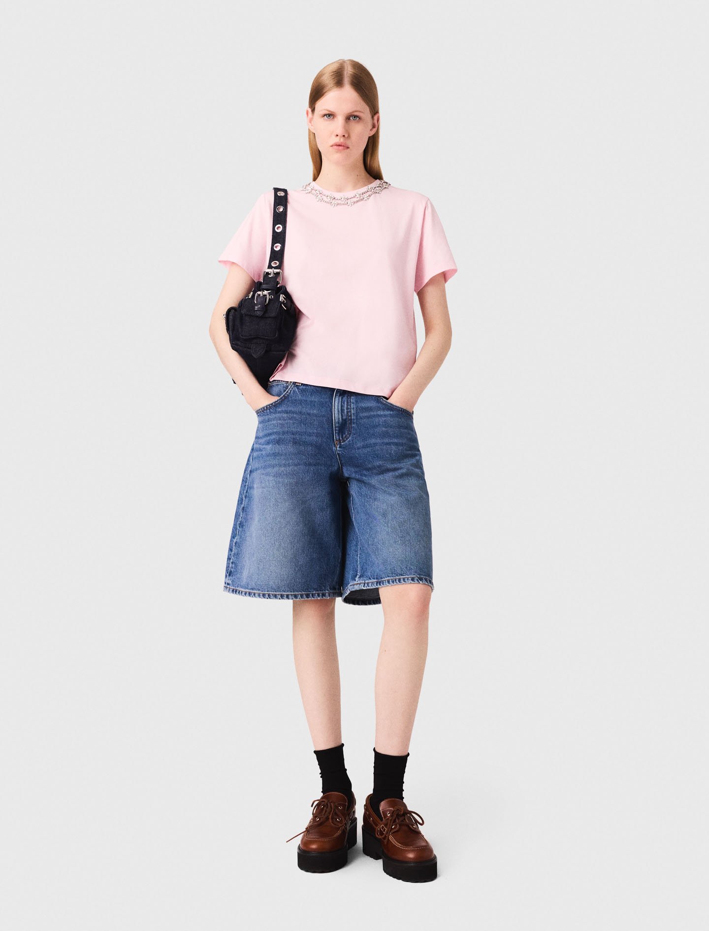 Woman's cotton Short-sleeve jewel neck T-shirt for Fall/Winter, size Small, in color Pink / Red by Maje