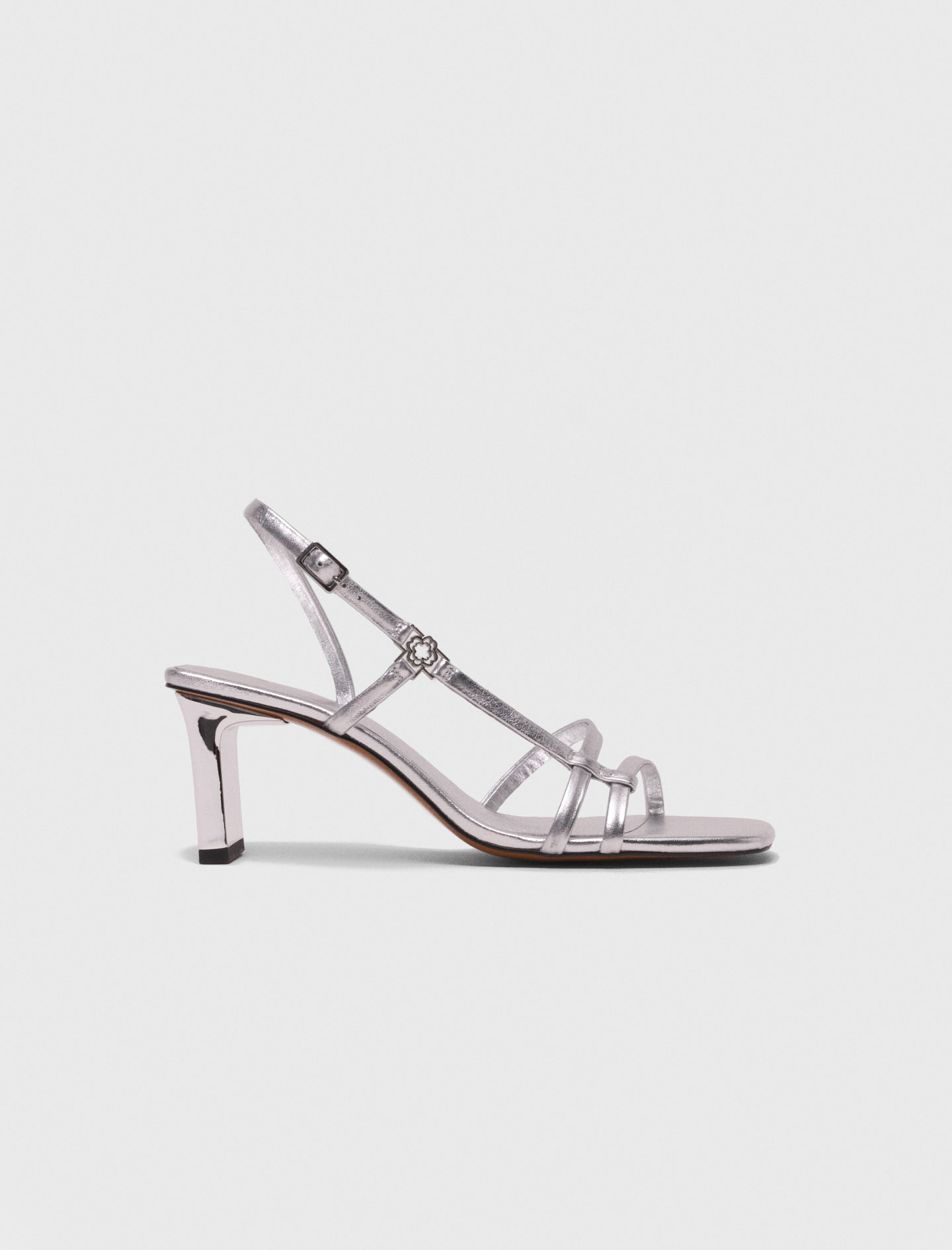 Woman's leather Metallic strappy heeled sandals for Fall/Winter, size 8.5, in color Silver / Grey