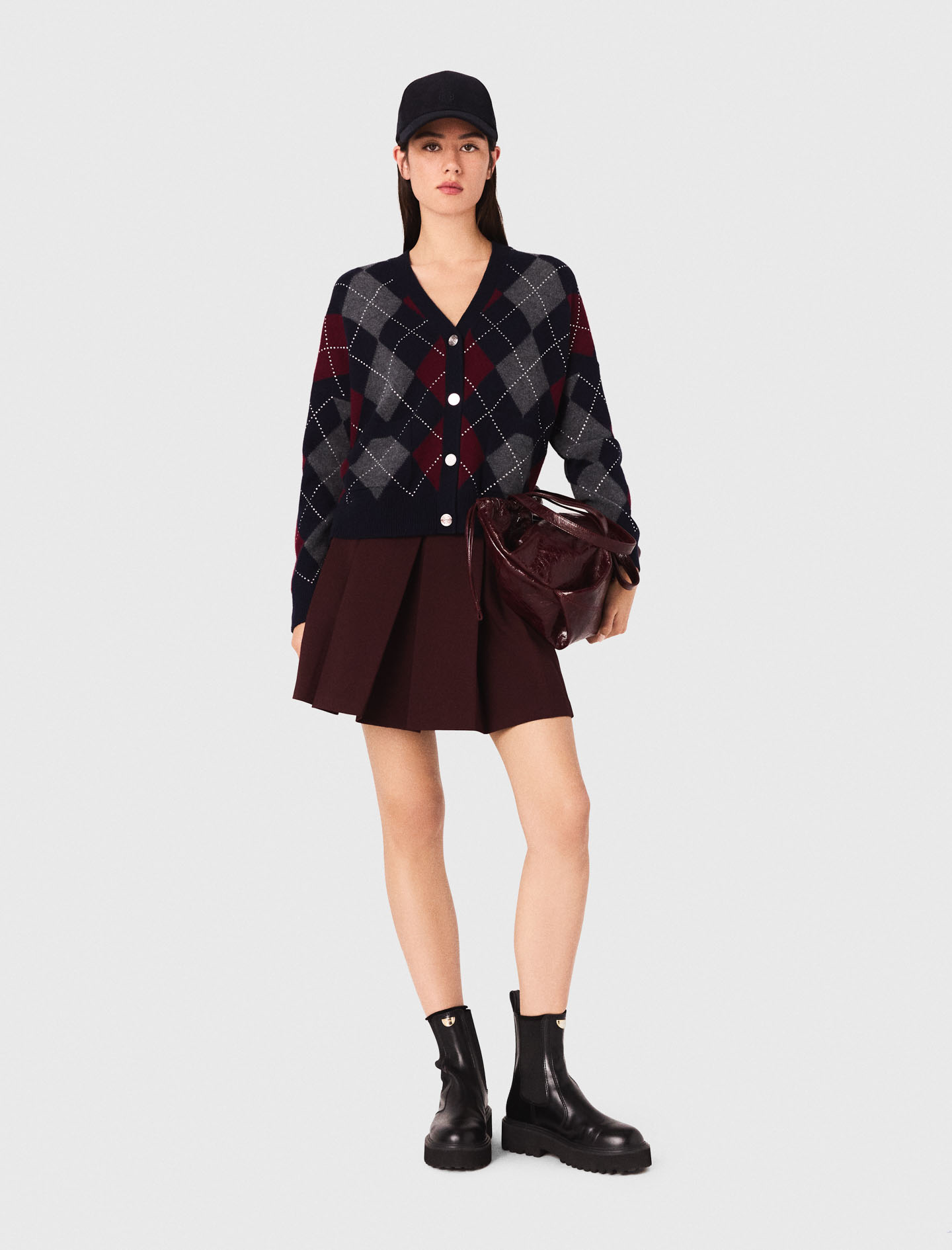 Woman's wool Cropped argyle pattern cardigan for Fall/Winter, size Large, in color Navy / Blue