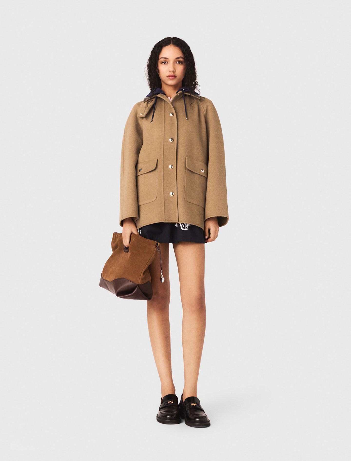 Woman's wool Wool coat with removable hood for Spring/Summer, size Large, in color Beige /