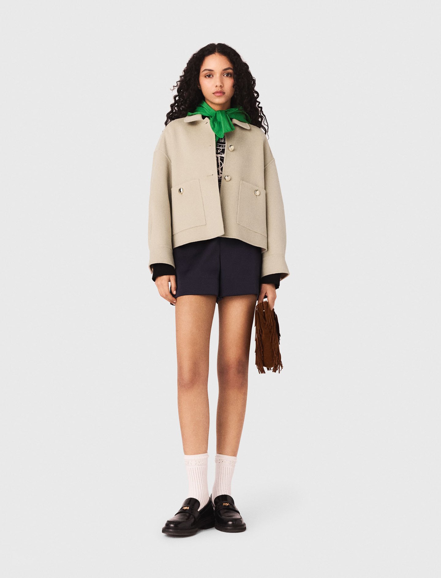 Woman's wool Cropped wool jacket with pleated back for Spring/Summer, size Extra Extra Large, in color Beige /