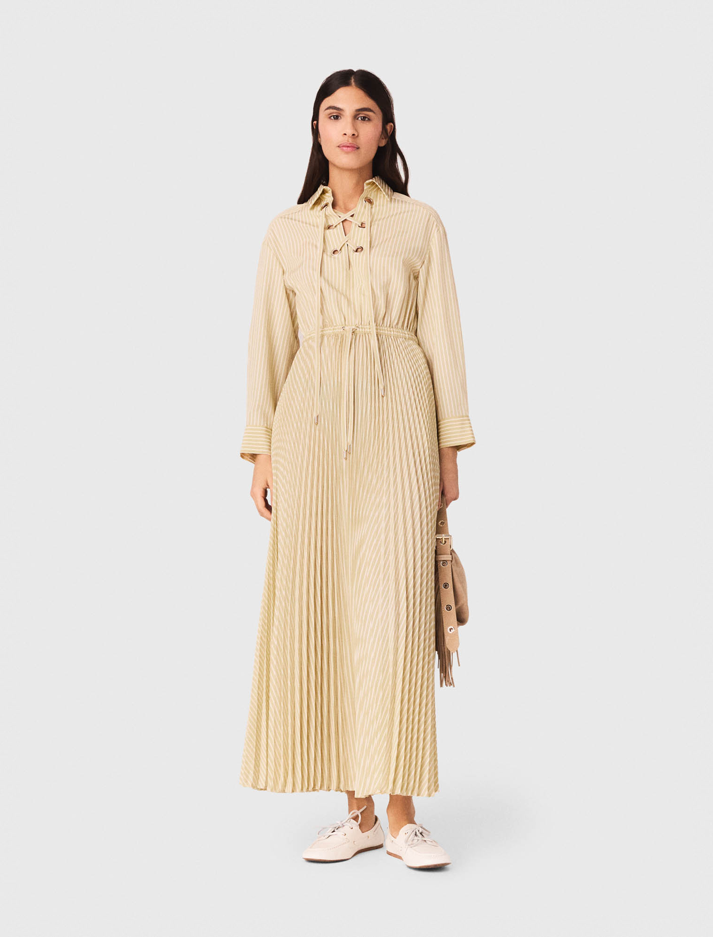 Woman's polyester Eyelet pleated maxi dress for Spring/Summer, size Large, in color Pale Yellow / by Maje