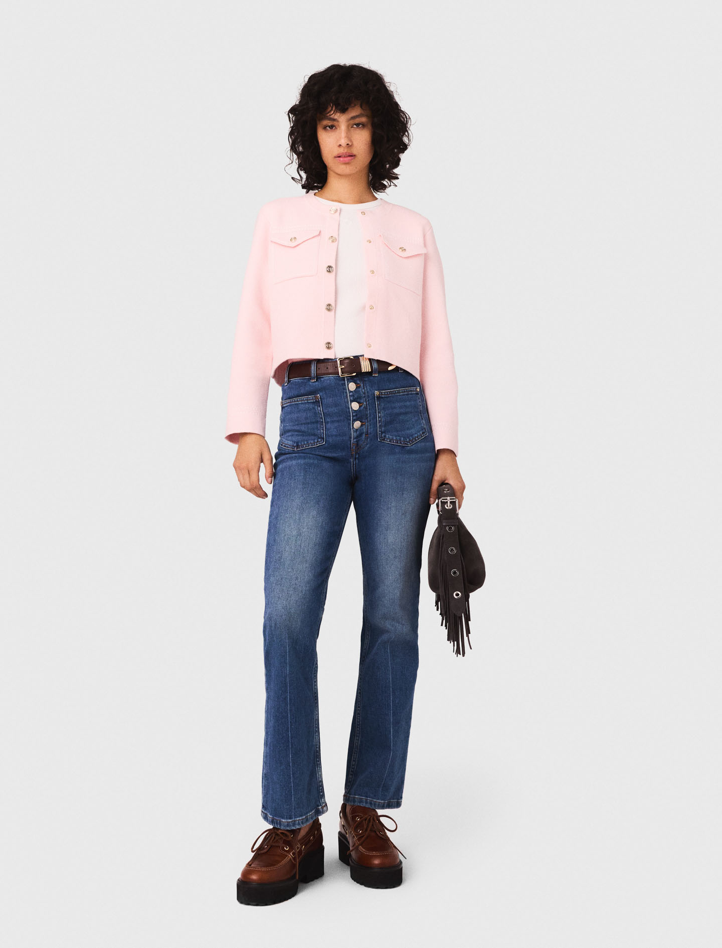 Woman's cotton Topstitched cropped cardigan for Fall/Winter, size Large, in color Pink / Red