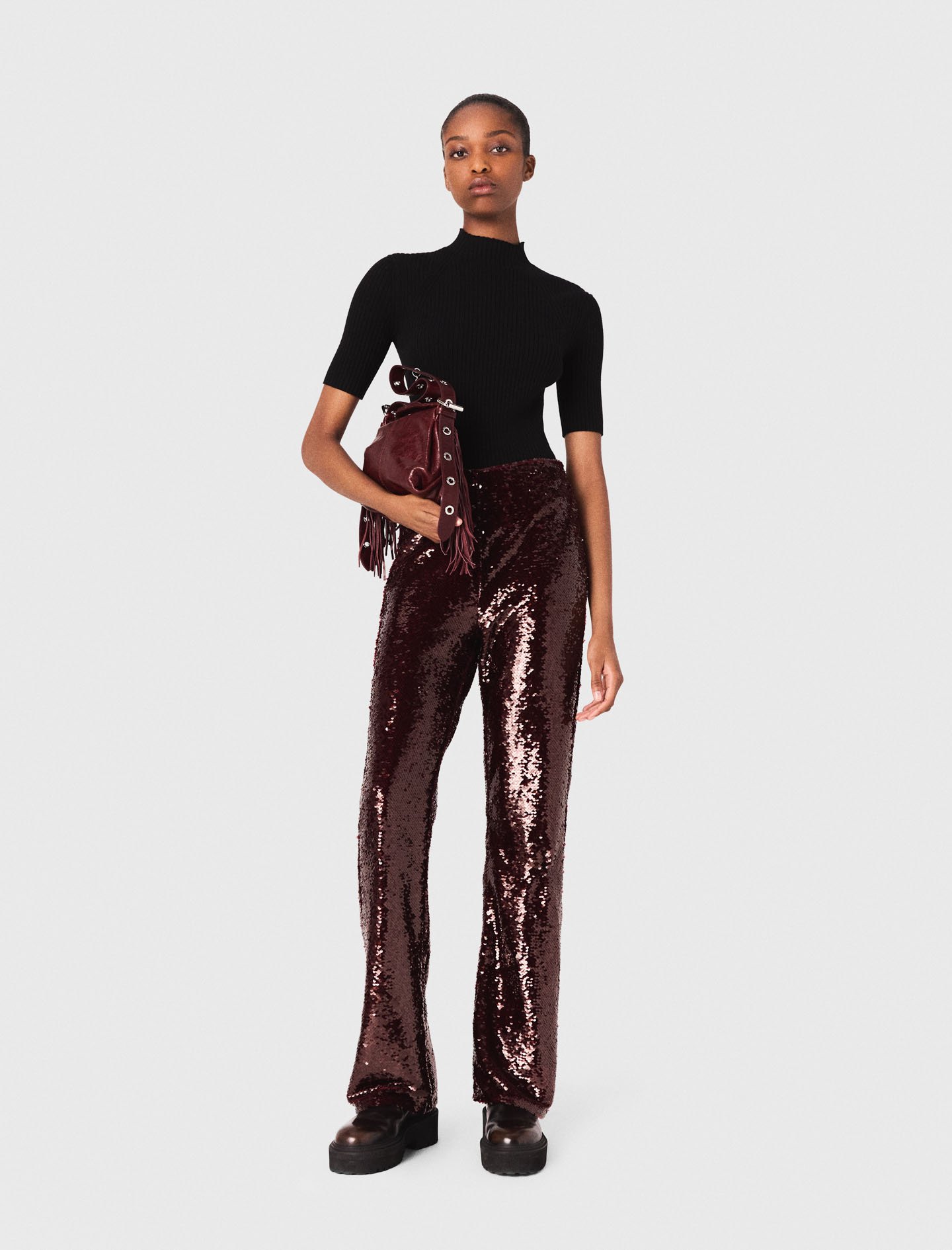 Woman's polyester Sequin-embroidered trousers for Fall/Winter, size Small, in color Burgundy /