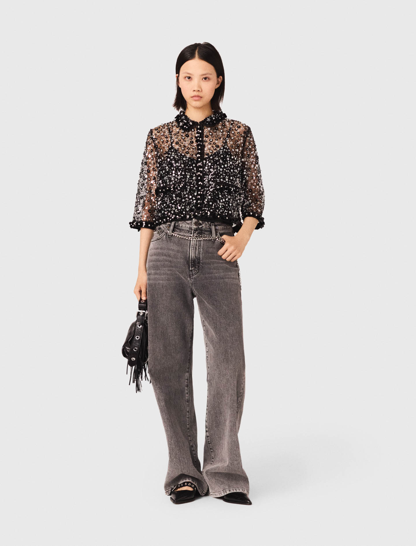 Woman's polyester Floral sequin top for Spring/Summer, size Extra Small, in color Black /