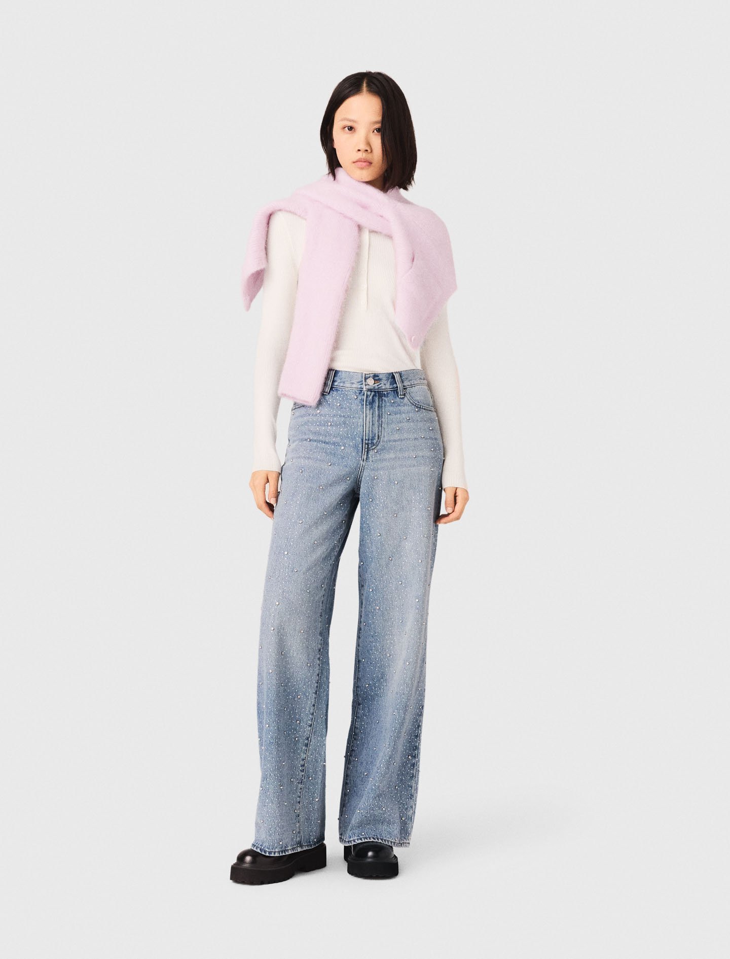 Woman's cotton Wide-leg all-over rhinestone jeans for Spring/Summer, size Small, in color Blue /