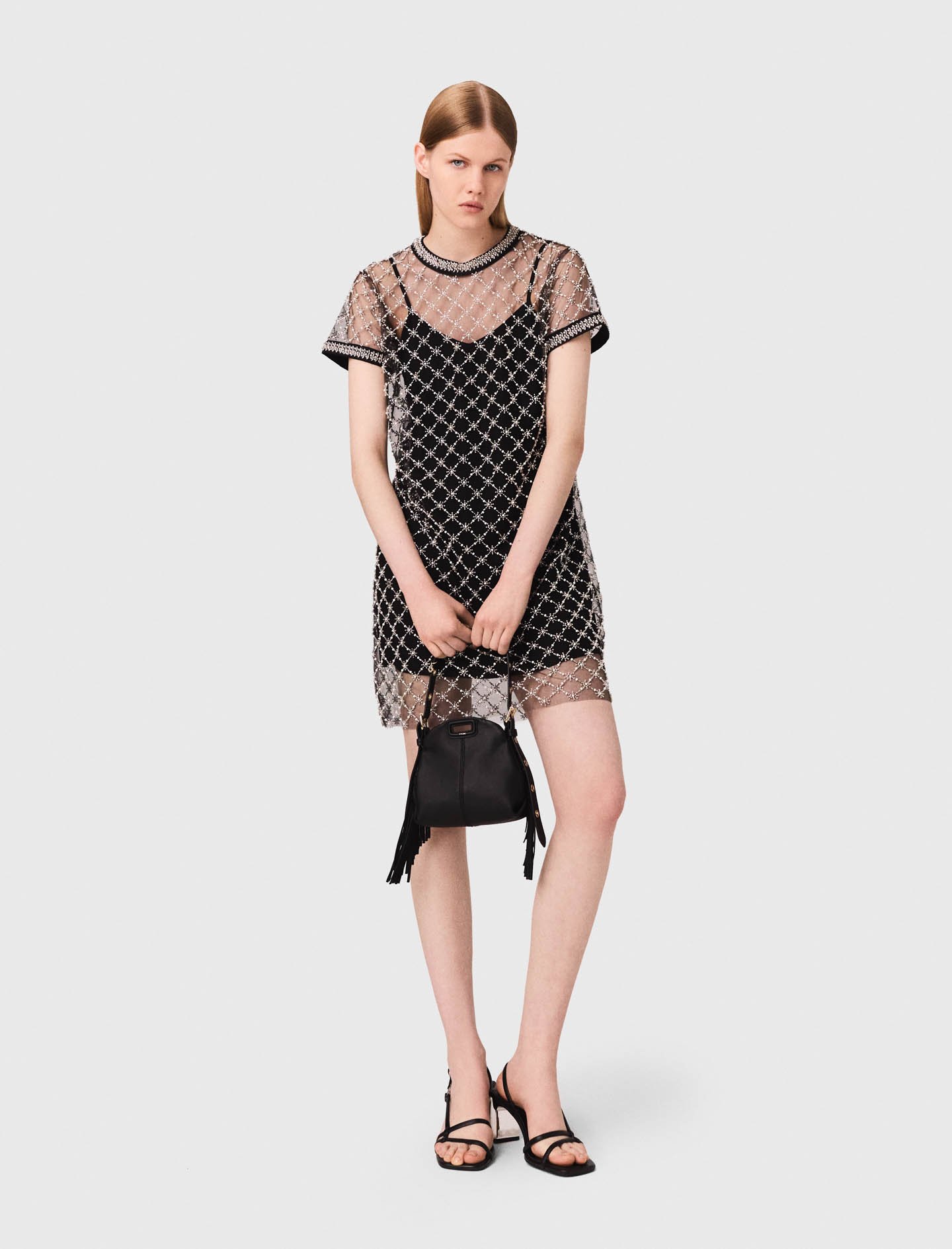 Woman's polyester Mini embroidered tulle dress for Fall/Winter, size Extra Extra Large, in color Black / by Maje