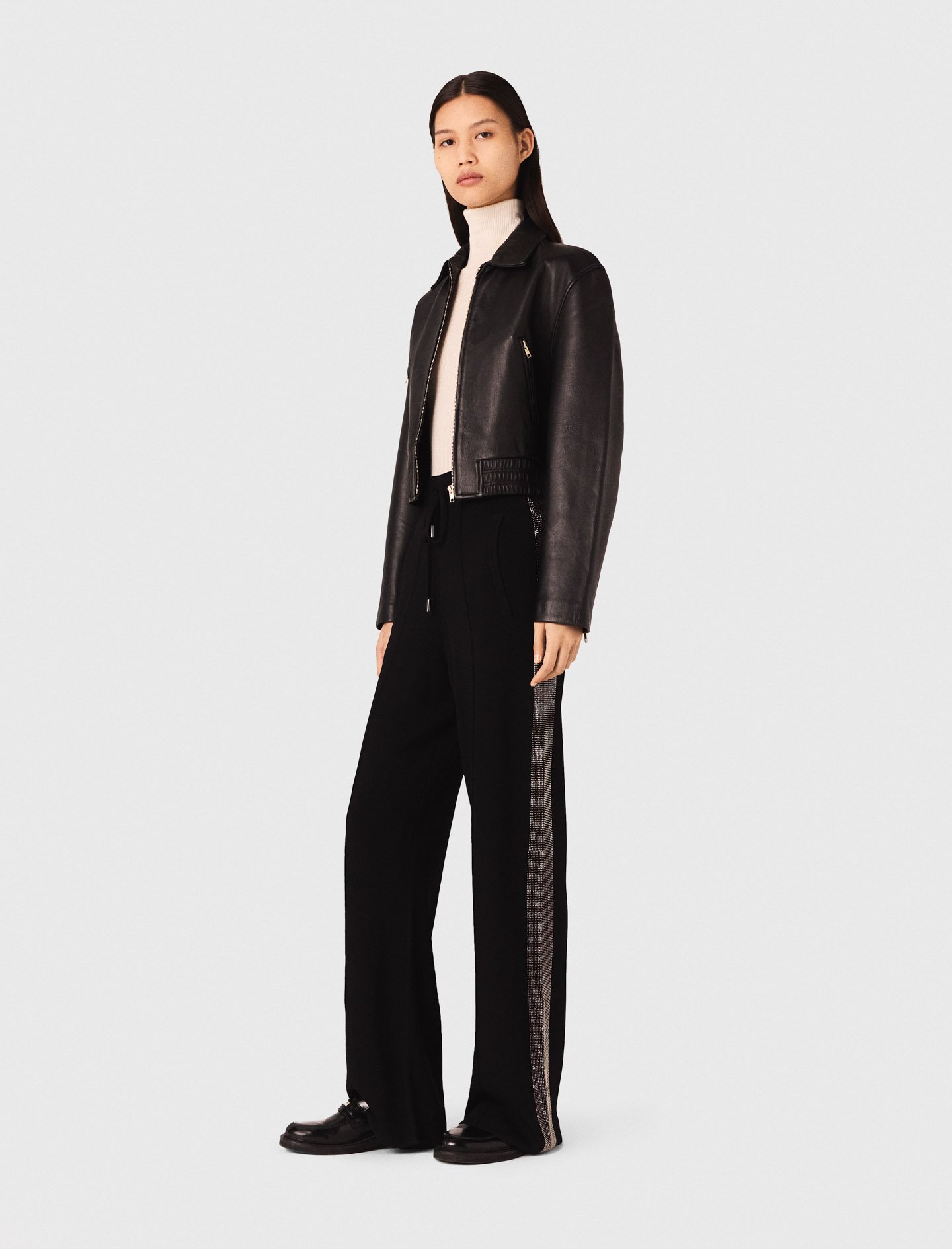 Woman's viscose Trousers with rhinestone band for Fall/Winter, size Small, in color Black / by Maje