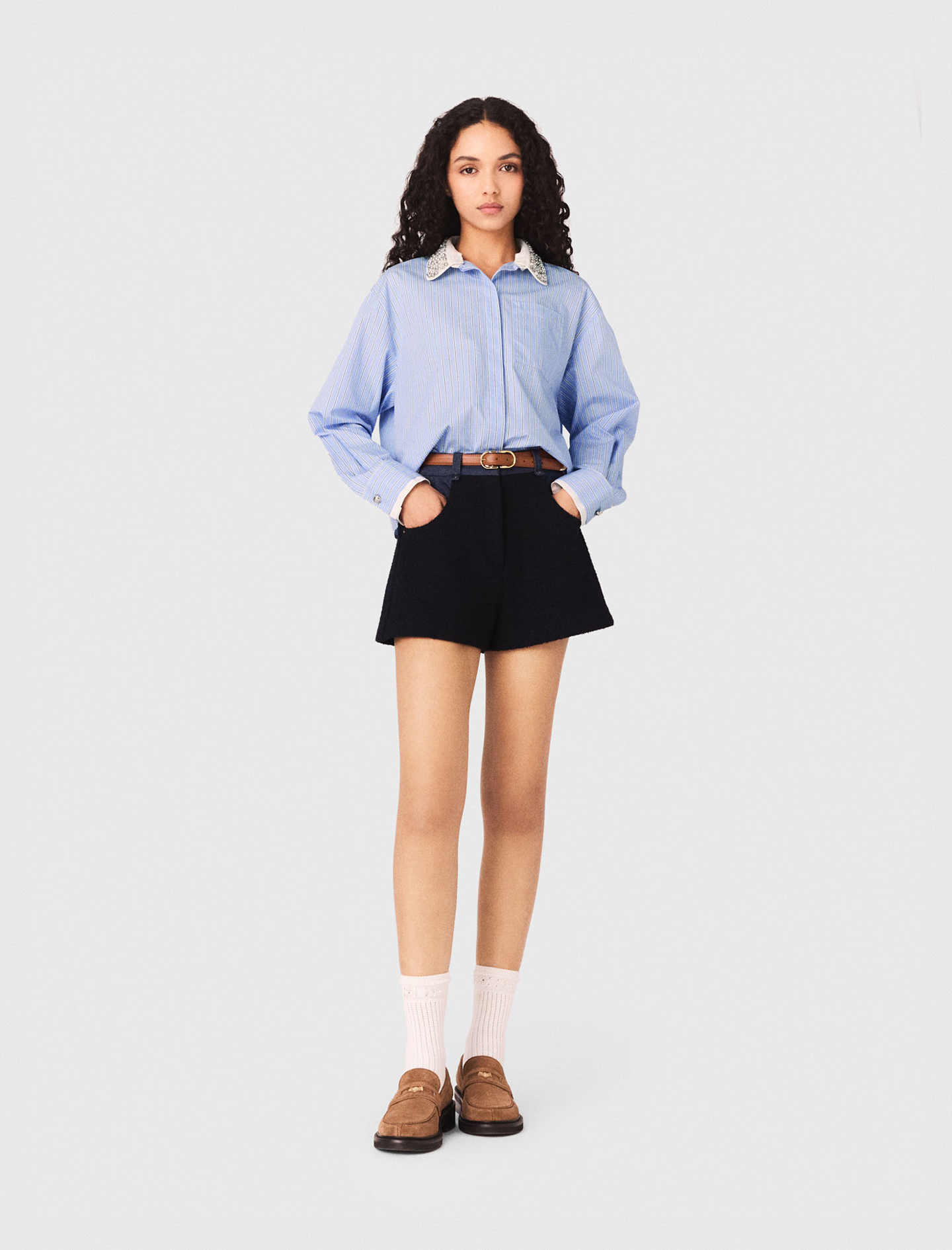Woman's cotton Shirt with removable jewel collar for Spring/Summer, size Small, in color Blue Sky / Blue