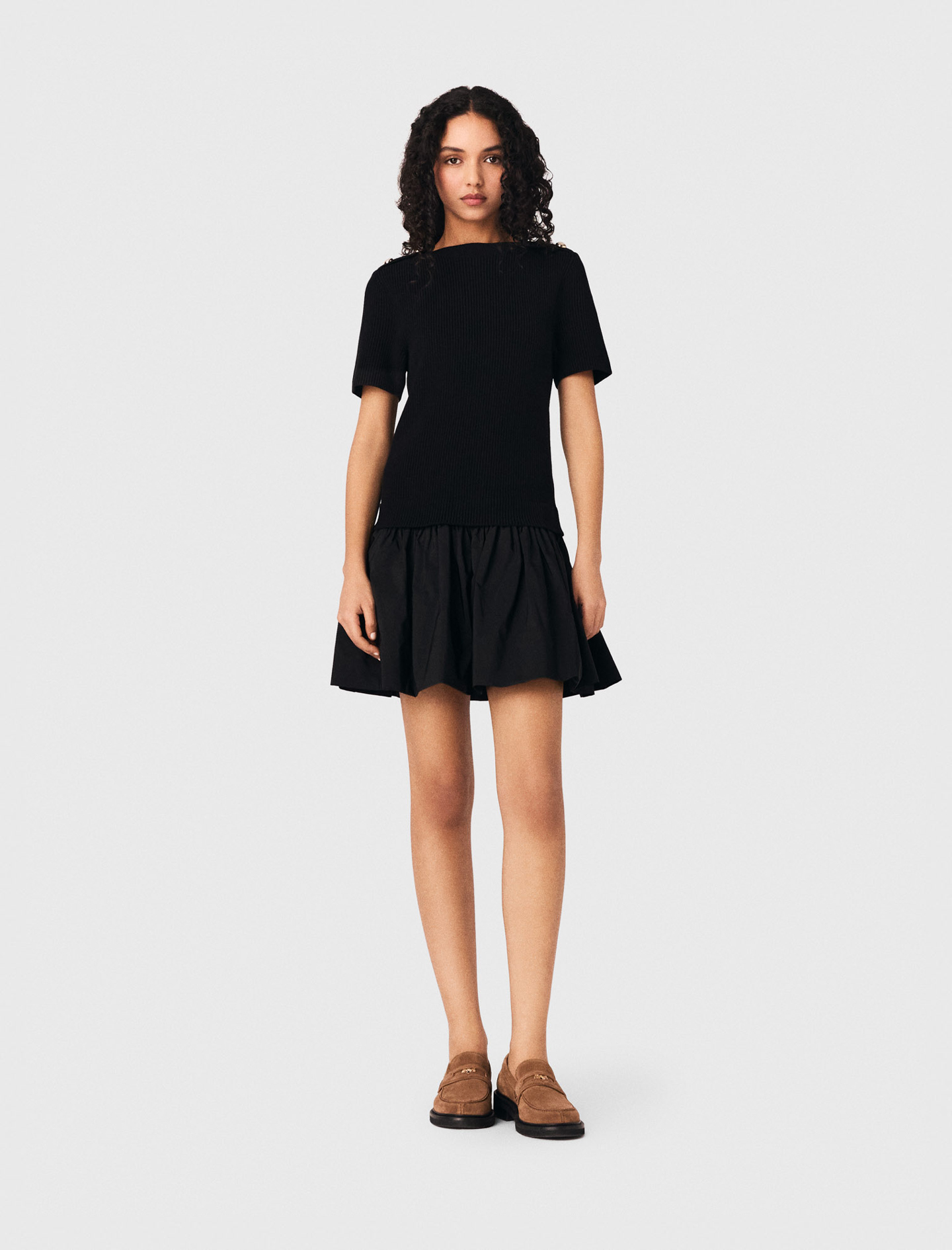 Woman's cotton Short knit and taffeta dress for Spring/Summer, size Large, in color Black /