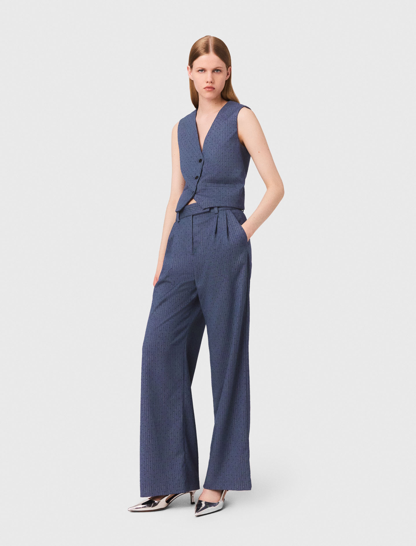Woman's polyester Rhinestone suit trousers with pleats for Fall/Winter, size Medium, in color Blue /