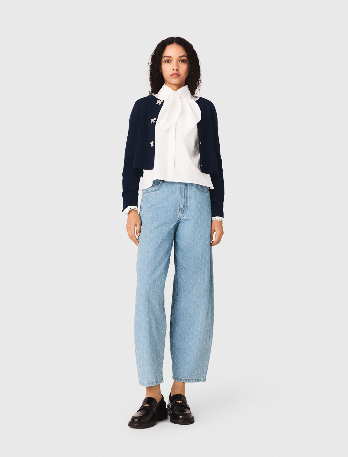 Woman's wool Jewelled bow-button cardigan for Spring/Summer, size Small, in color Navy / Blue