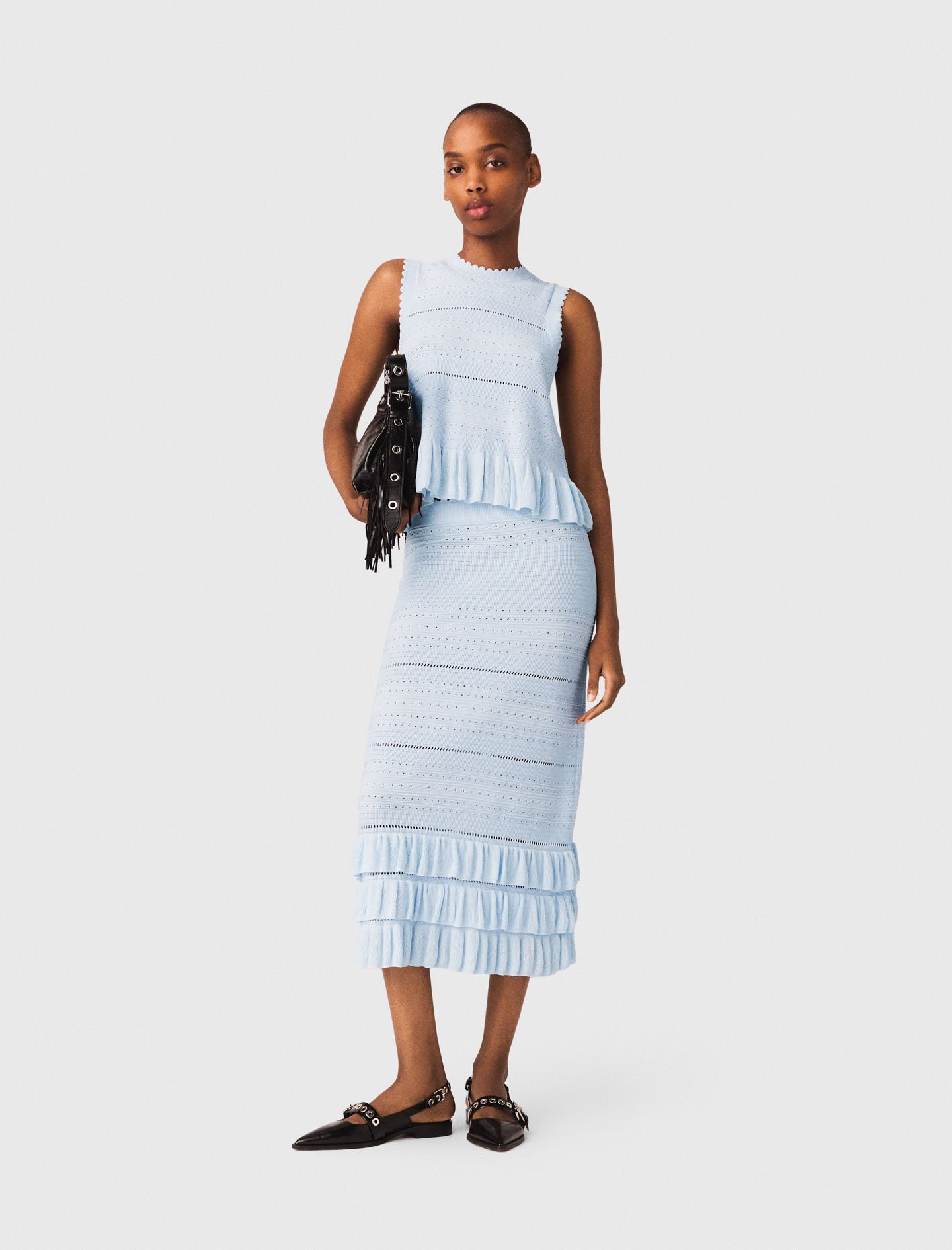 Woman's viscose Long ruffled knit skirt for Spring/Summer, size Extra Extra Large, in color Blue Sky / Blue