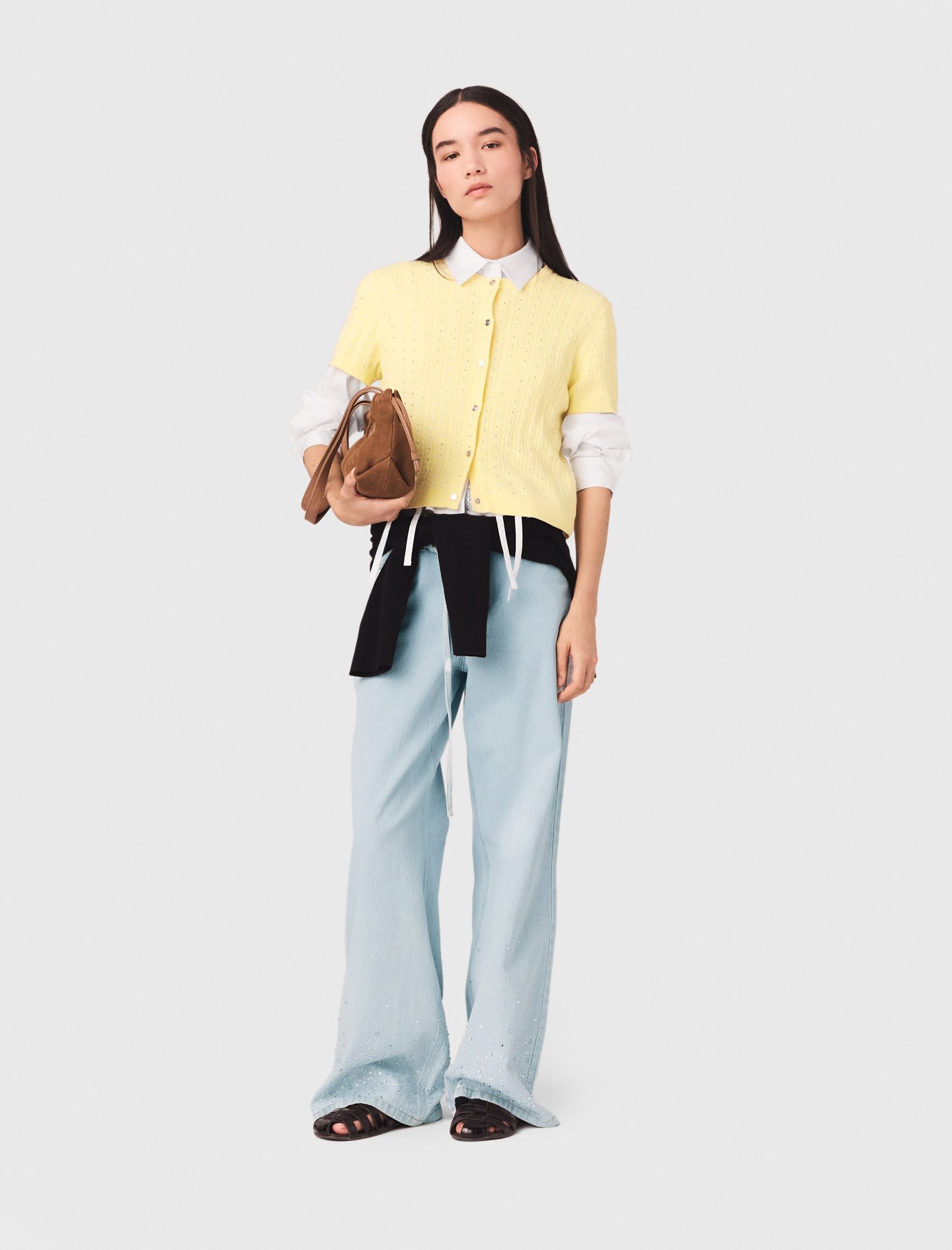 Woman's cotton Cardigan with rhinestone neck for Spring/Summer, size Extra Small, in color Yellow /