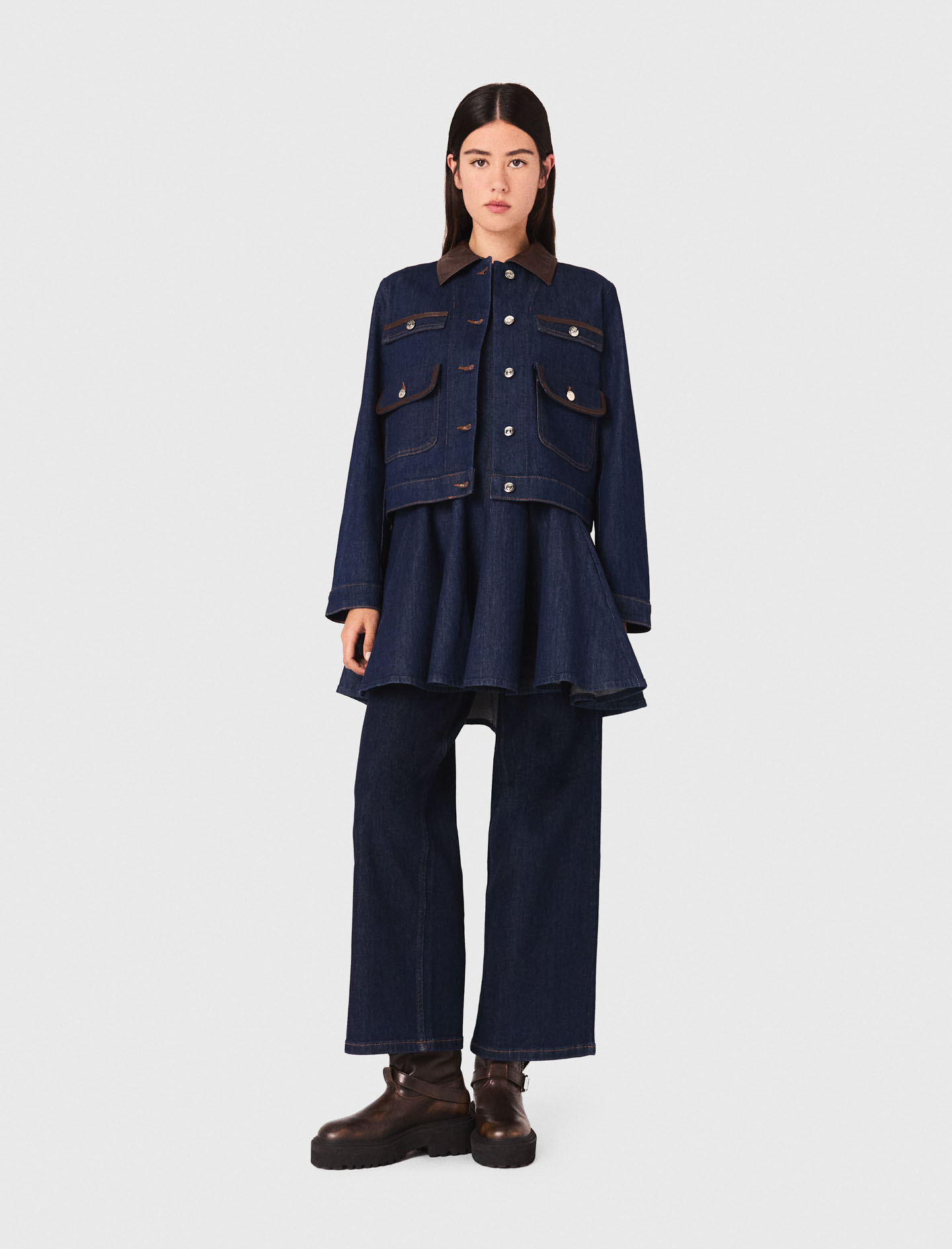 Woman's cotton Denim jacket with faux leather for Fall/Winter, size Large, in color Navy / Blue by Maje
