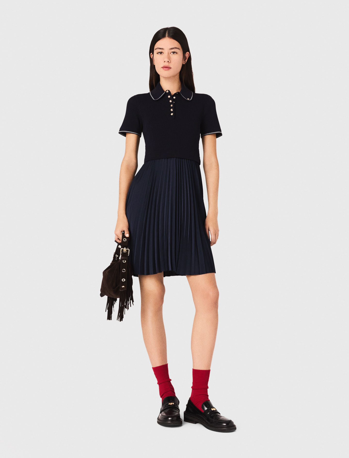 Woman's viscose Mini pleated polo collar dress for Fall/Winter, size Extra Small, in color Navy / Blue