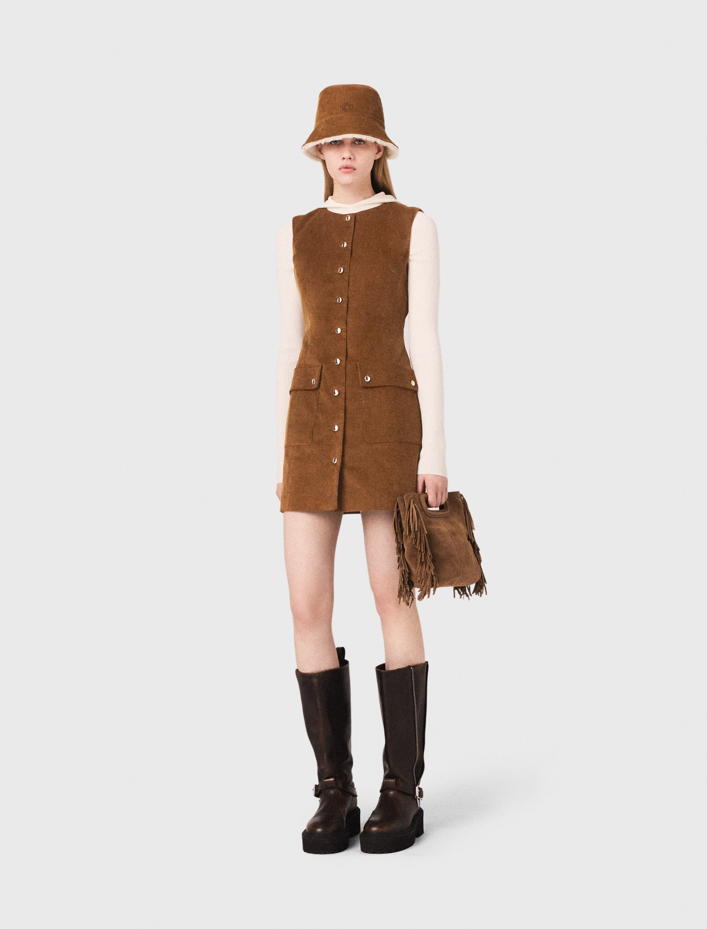 Woman's cotton Short corduroy dress for Fall/Winter, size Small, in color Camel / Brown