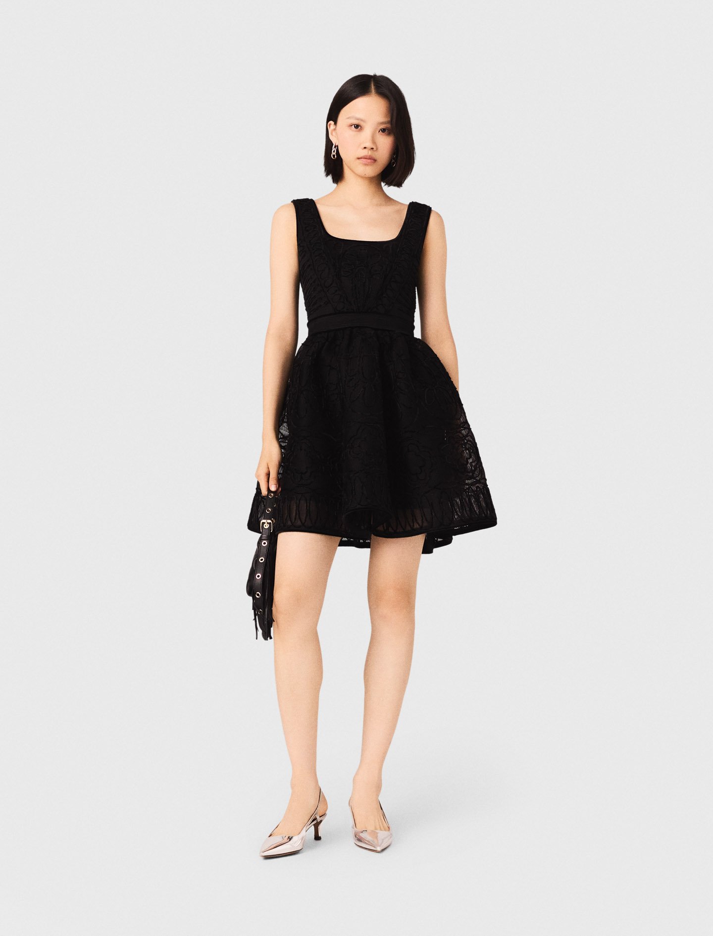 Woman's polyester Short embroidered basket knit dress for Spring/Summer, size Extra Extra Large, in color Black /