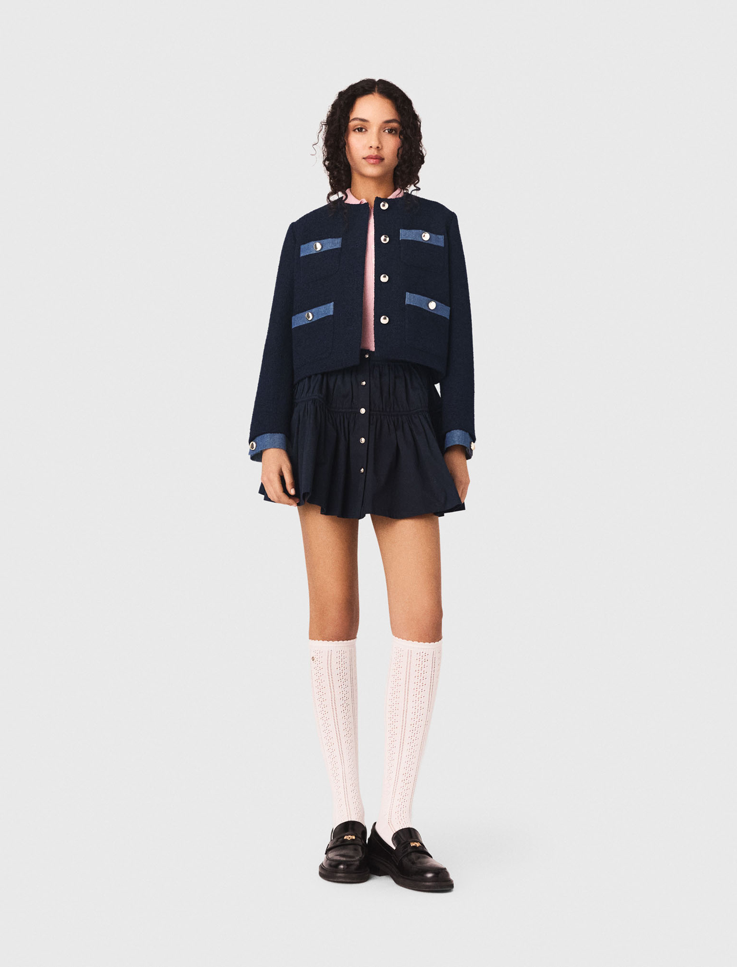 Woman's polyester Tweed jacket with denim trim for Spring/Summer, size Extra Extra Large, in color Navy / Blue by Maje