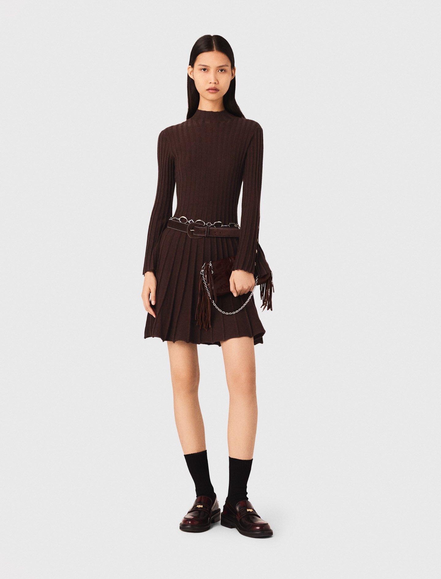 Woman's polyester High-neck mini skater dress for Fall/Winter, size Medium, in color Dark brown /