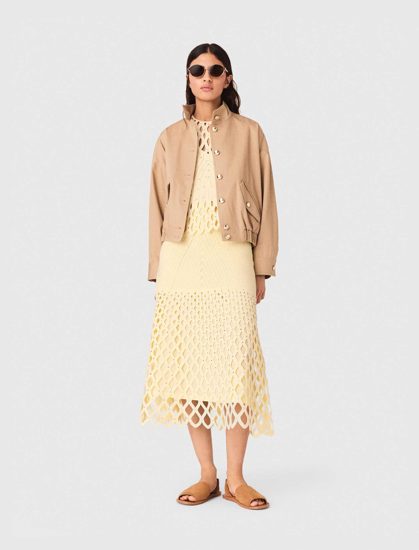 Woman's polyester Crochet rhinestone skirt for Spring/Summer, size Large, in color Pale Yellow /