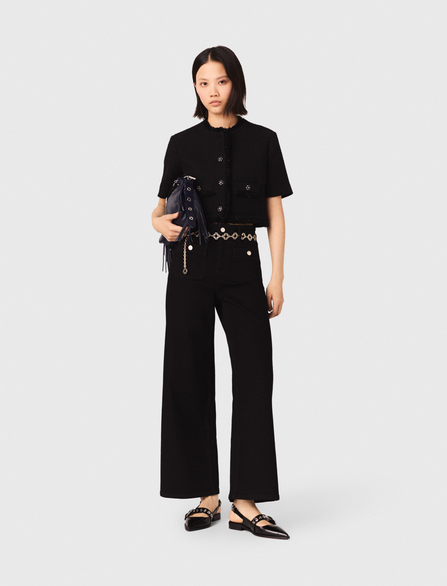 Woman's cotton Cropped shiny tweed jacket for Spring/Summer, size Small, in color Black /