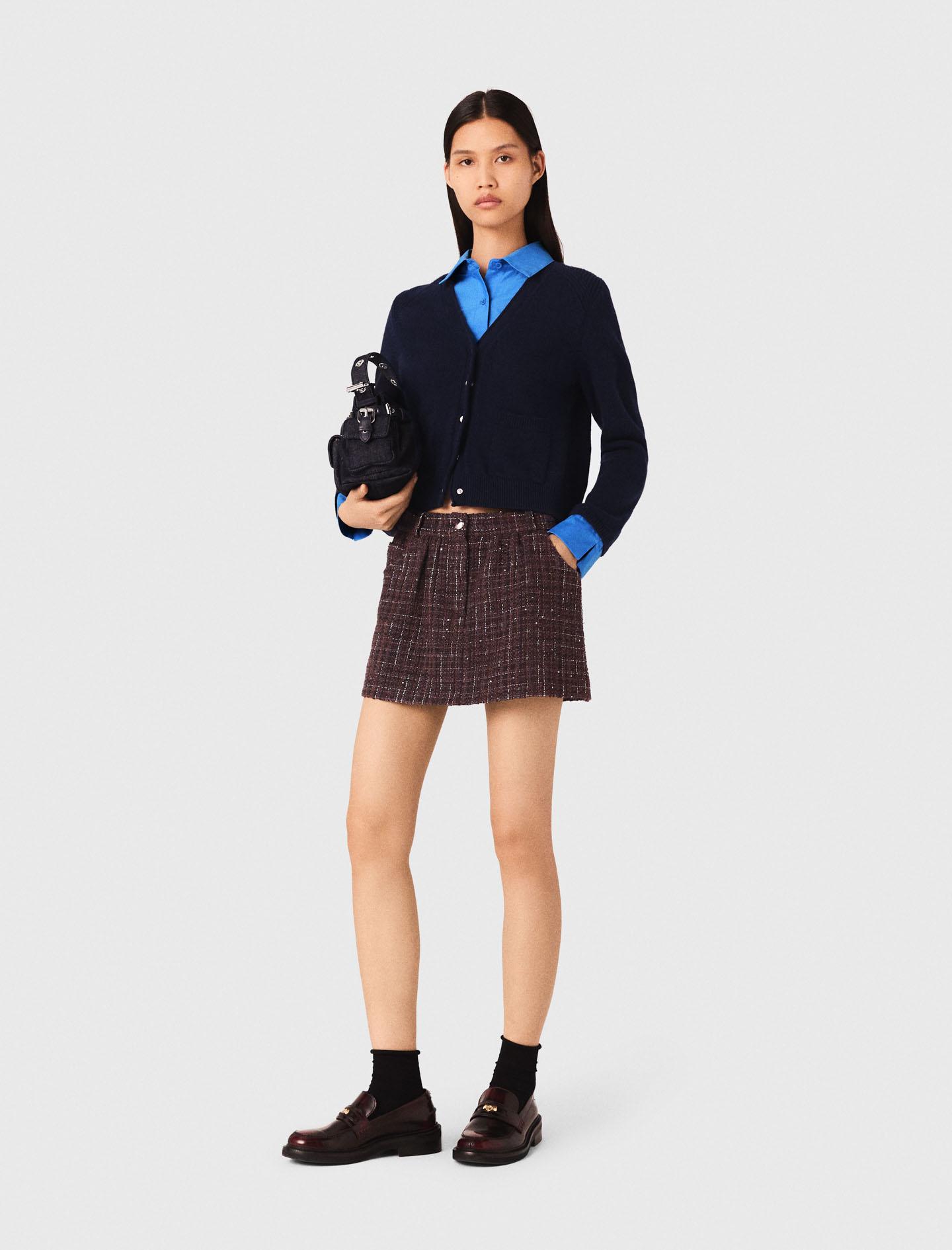 Woman's wool Cardigan with removable details for Fall/Winter, size Large, in color Navy / Blue