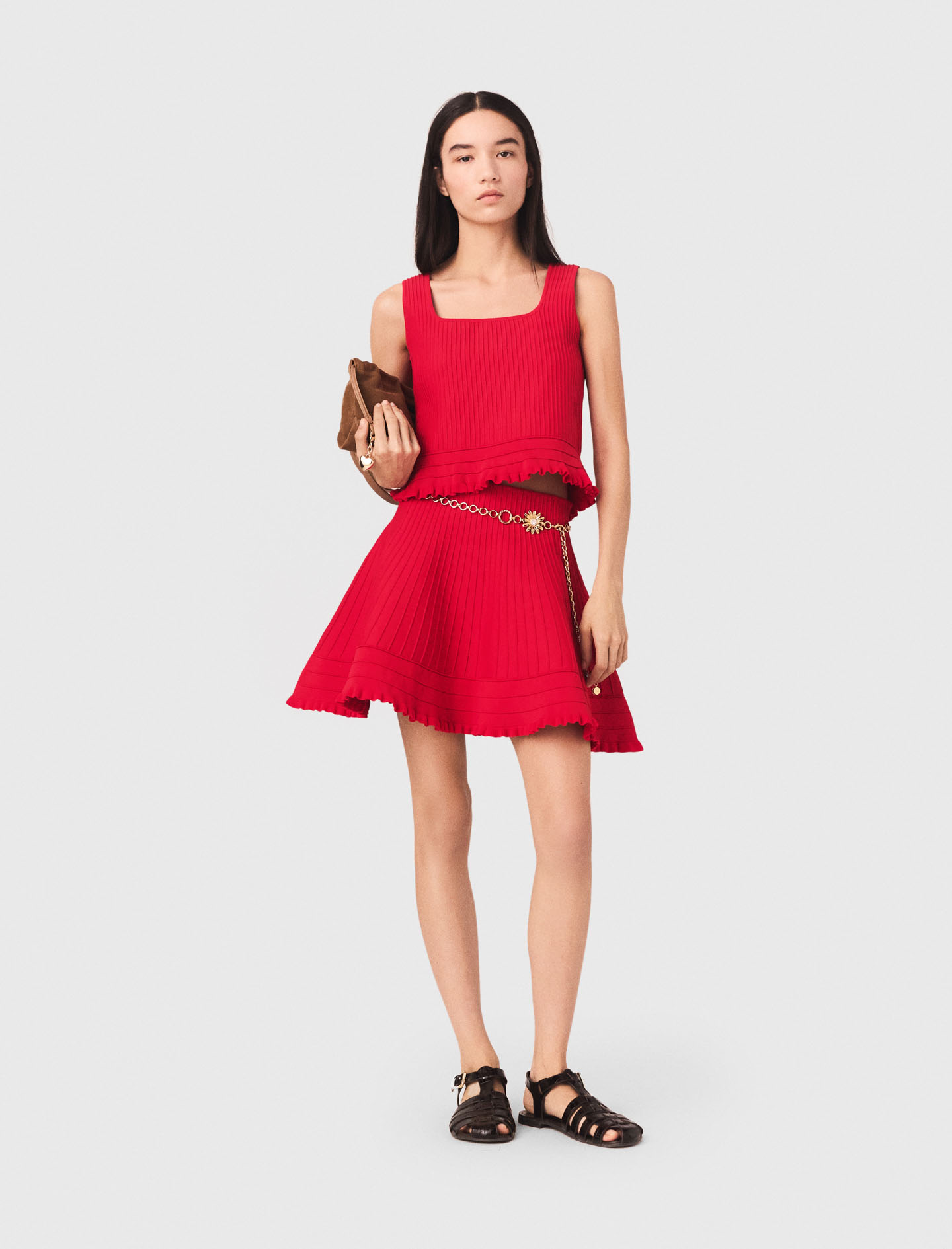 Woman's polyester Ruffled knit top for Spring/Summer, size Medium, in color Red /