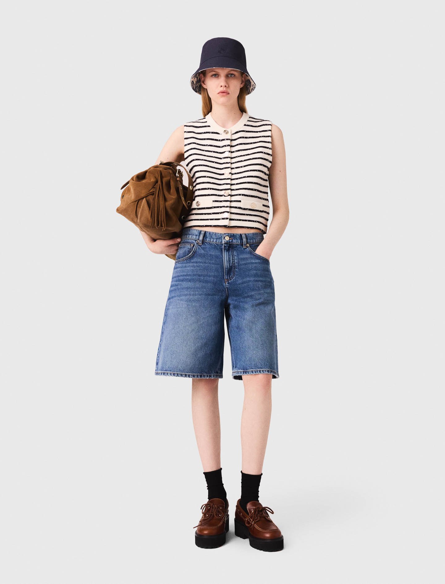 Woman's acrylic Striped wool blend top for Fall/Winter, size Extra Small, in color White/Navy /