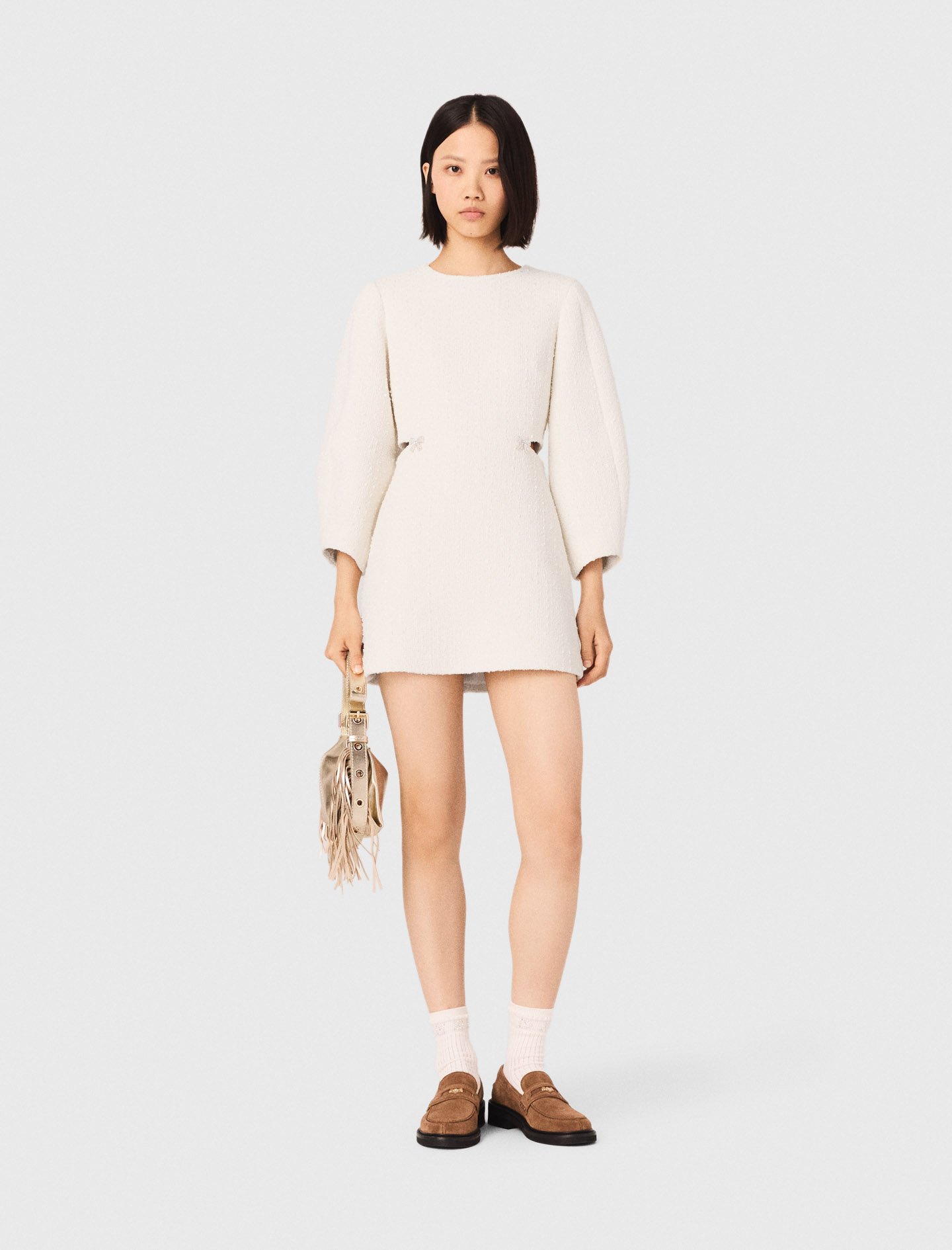 Woman's cotton Short balloon-sleeve tweed dress for Spring/Summer, size Small, in color Ecru / Beige by Maje