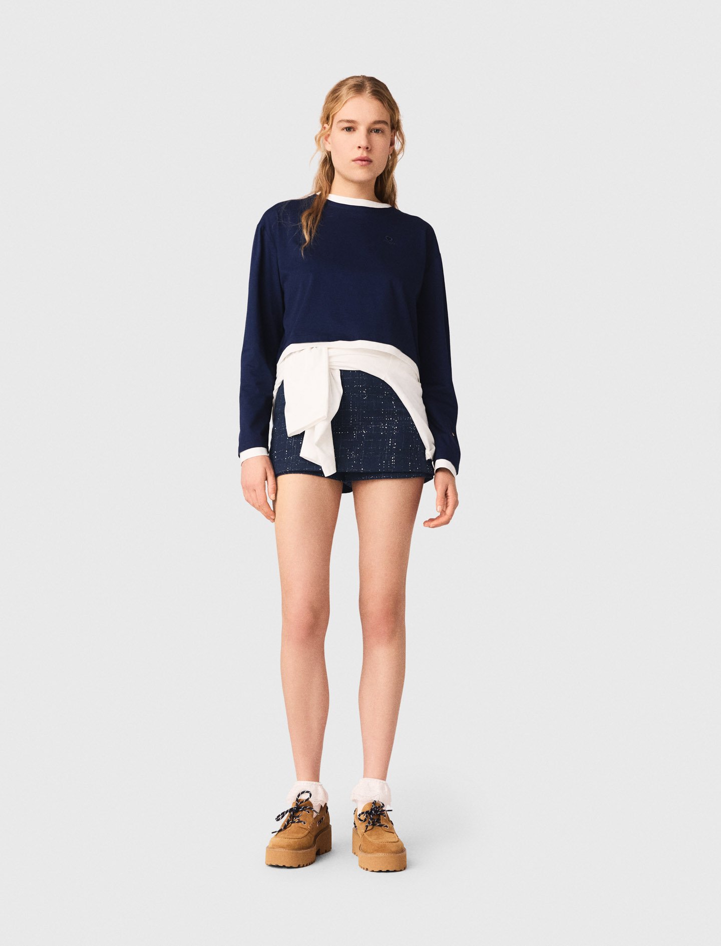 Woman's cotton Layered-effect T-shirt for Spring/Summer, size Extra Small, in color Navy / Blue