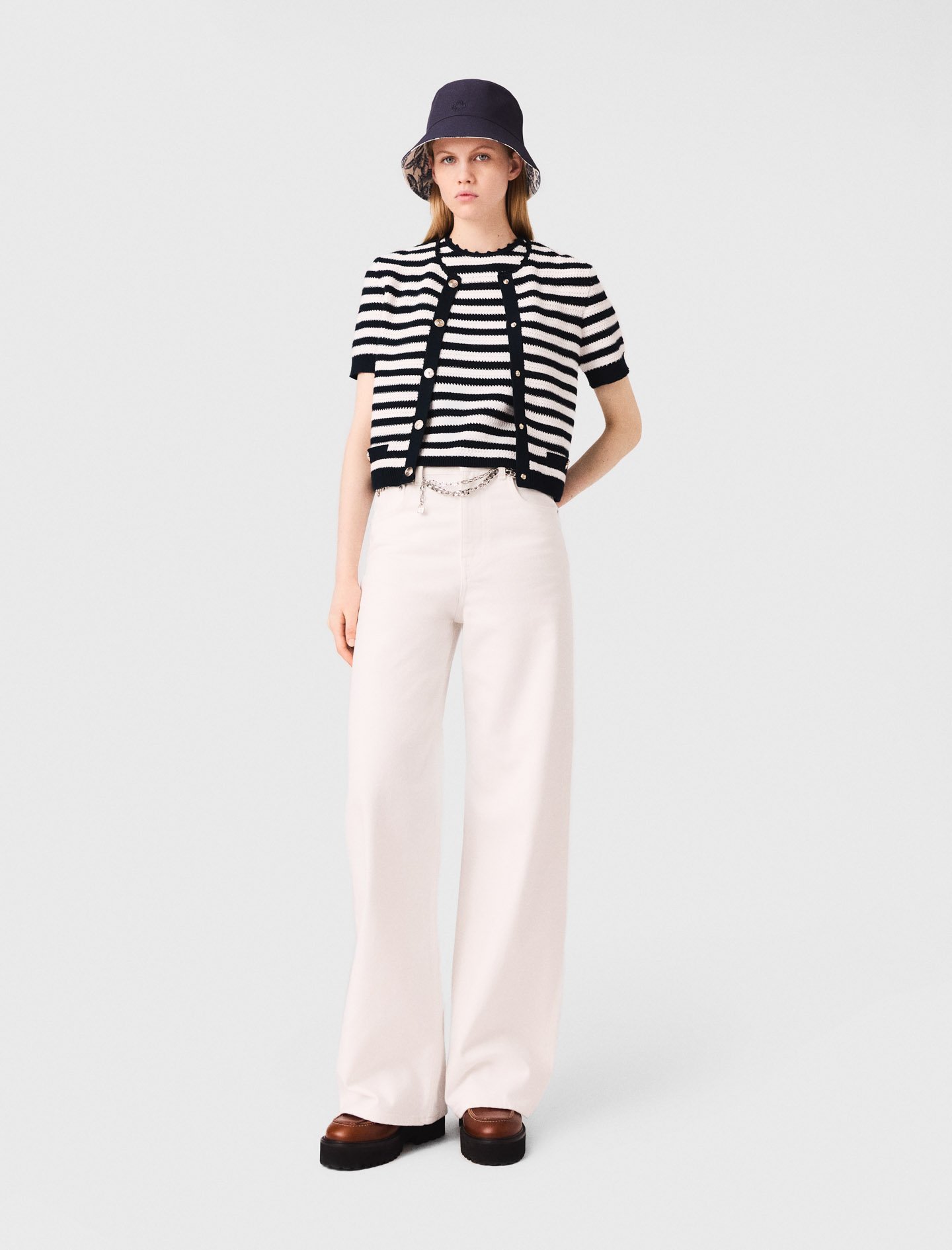 Woman's viscose Crochet cropped cardigan for Fall/Winter, size Small, in color White/Navy /