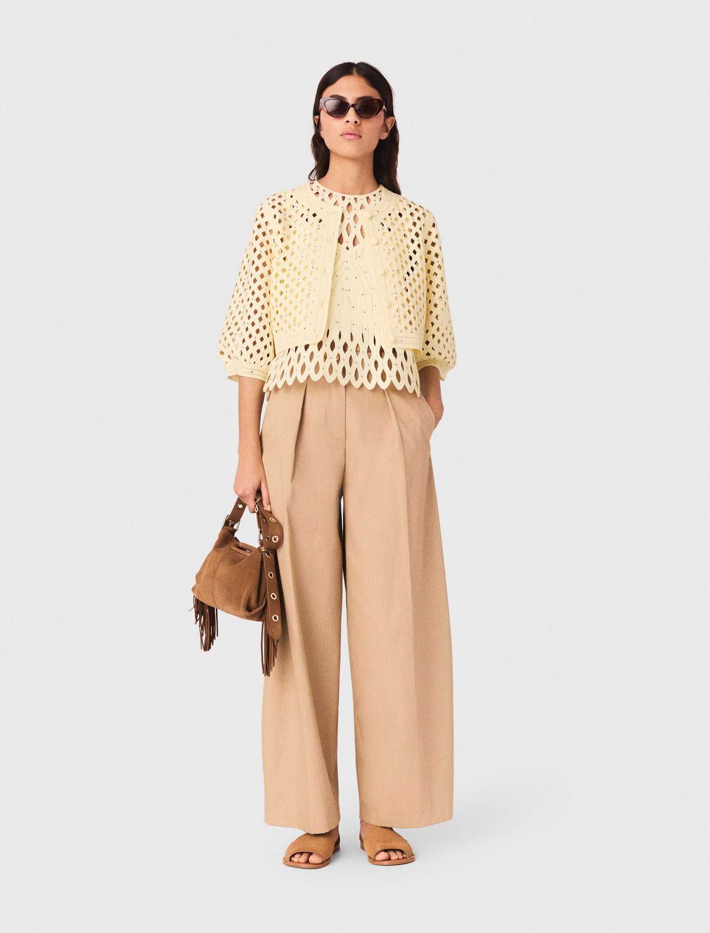 Woman's polyester Crochet Rhinestone Cardigan for Spring/Summer, size Medium, in color Pale Yellow /