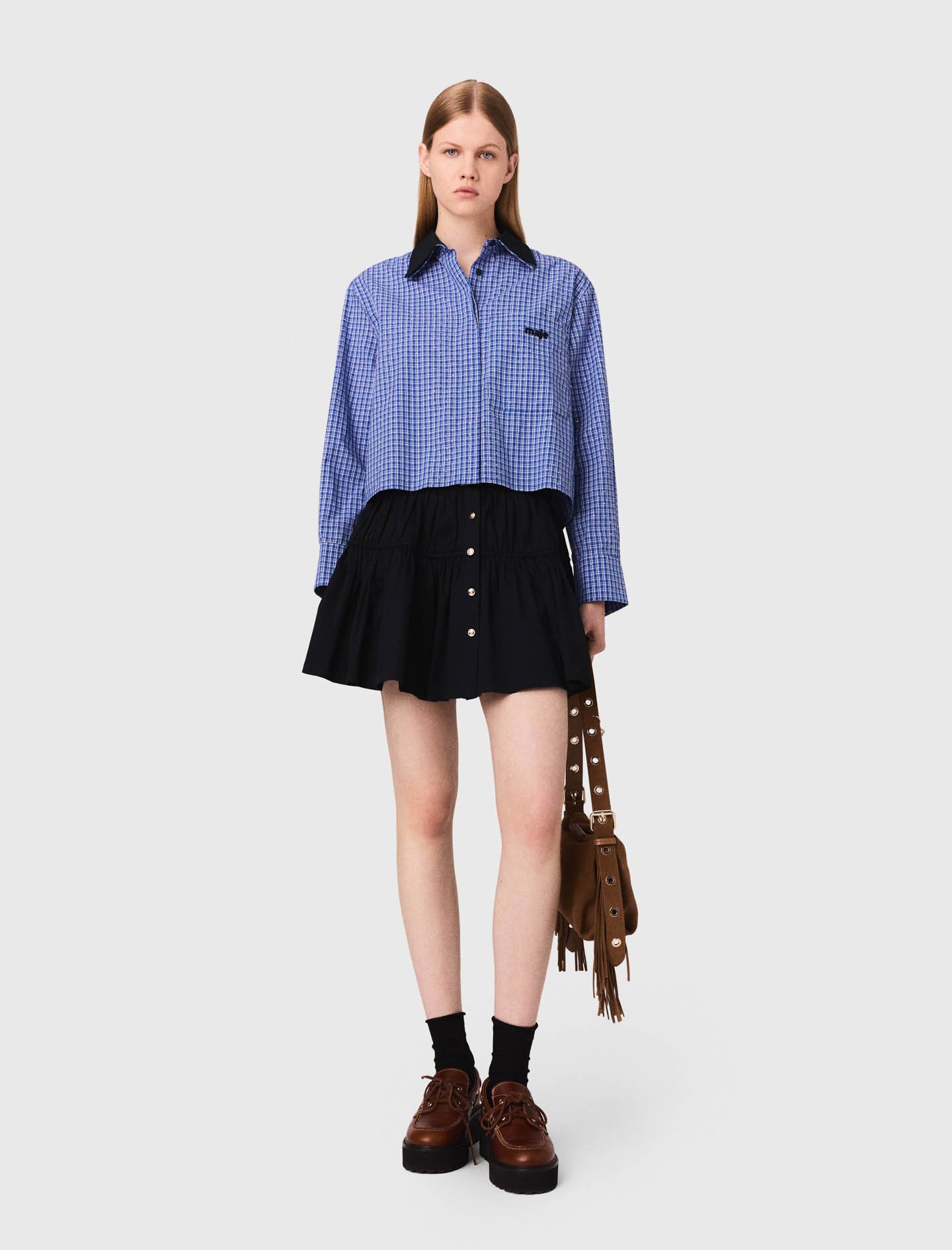 Woman's cotton Removable collar rhinestone shirt for Fall/Winter, size Small, in color Blue rhinestoned tiles print /