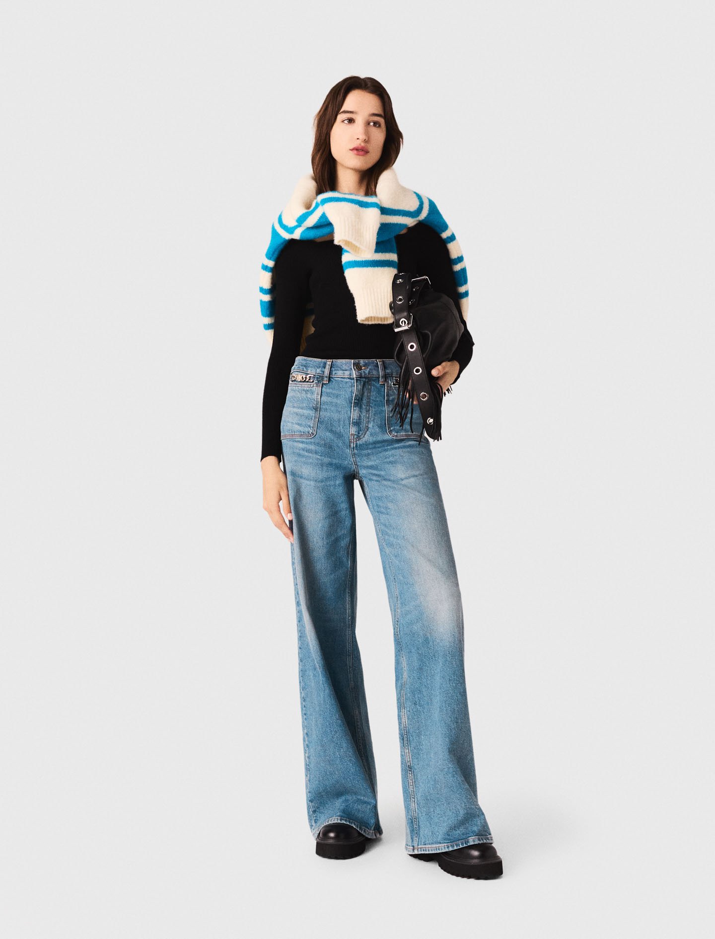Woman's cotton Flared jeans with chain for Fall/Winter, size Small, in color Blue /