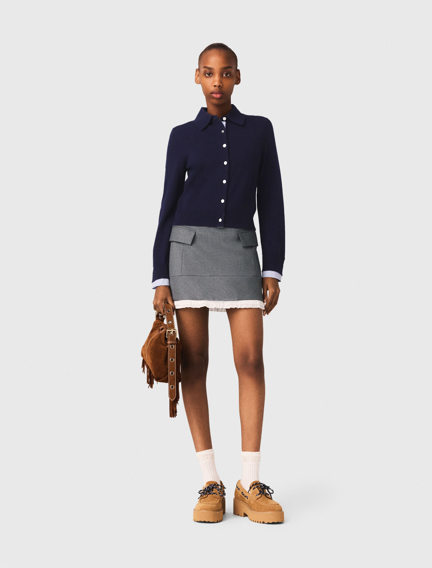 Woman's wool A-line poplin skirt with ruffle for Spring/Summer, size Extra Small, in color Grey /