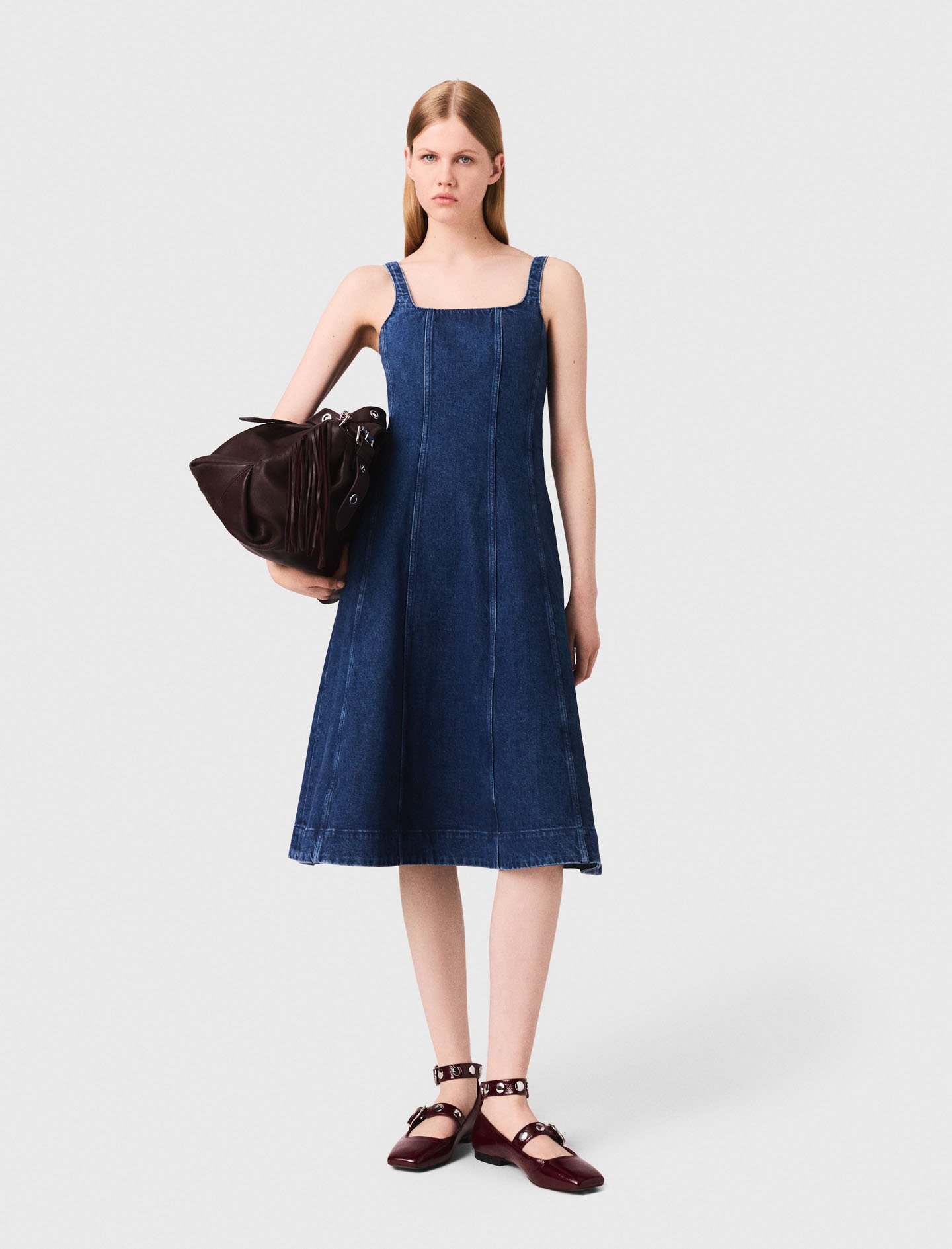 Woman's cotton Midi denim dress for Fall/Winter, size Medium, in color DENIM BLUE /
