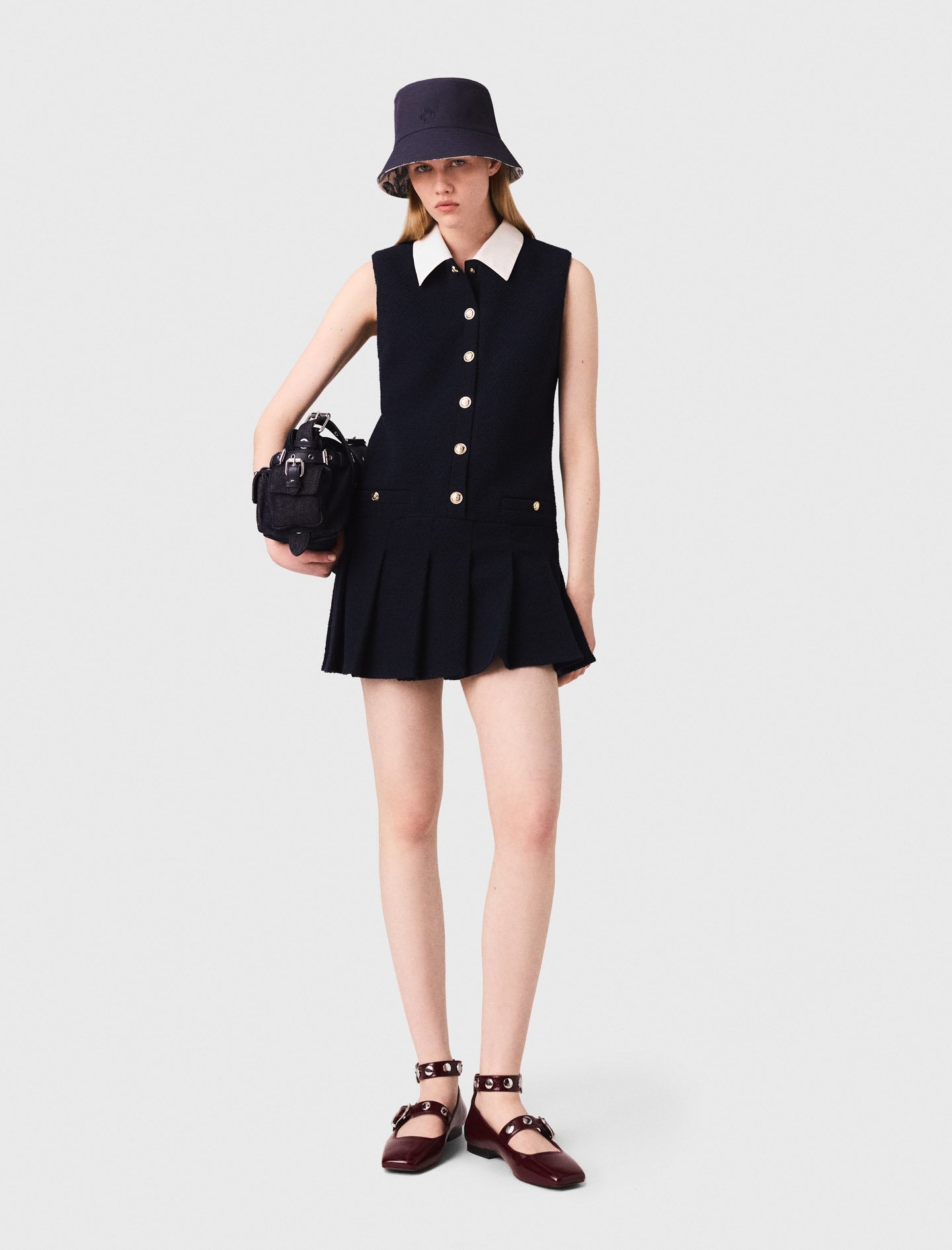 Woman's cotton Mini tweed dress with removable collar for Fall/Winter, size Small, in color Navy / Blue
