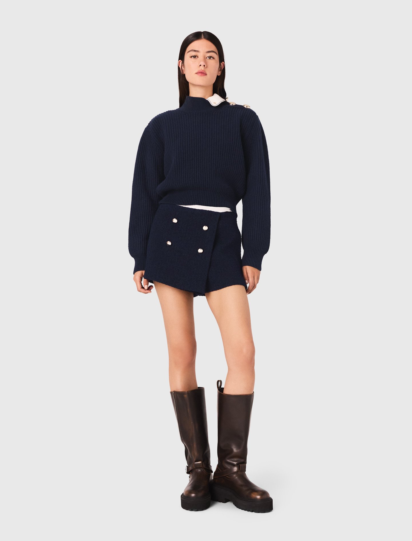 Woman's polyester Tweed shorts with contrast waistband for Fall/Winter, size Large, in color Navy / Blue