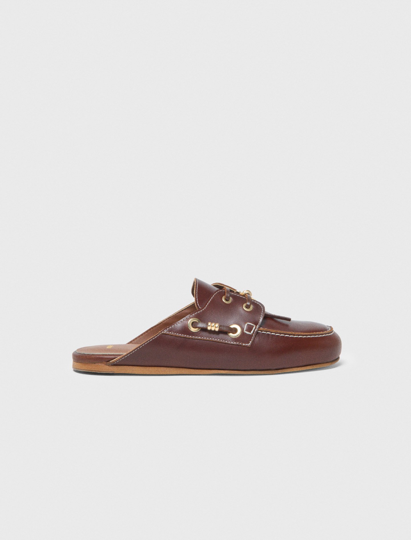 Woman's leather Leather boat mules for Spring/Summer, size 8.5, in color Cognac Brown / by Maje