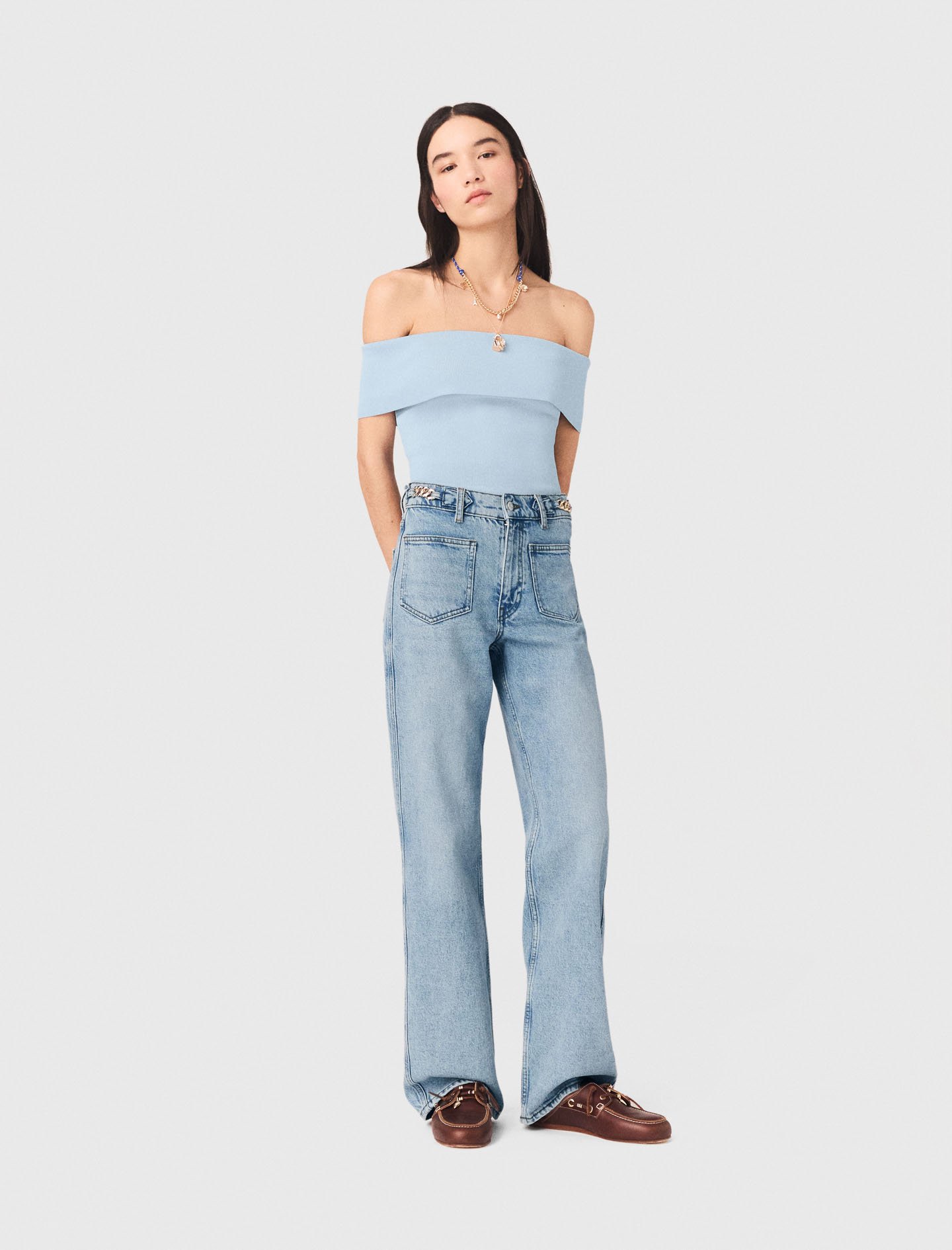 Woman's viscose Bardot rib knit top for Spring/Summer, size Medium, in color Blue Sky / Blue
