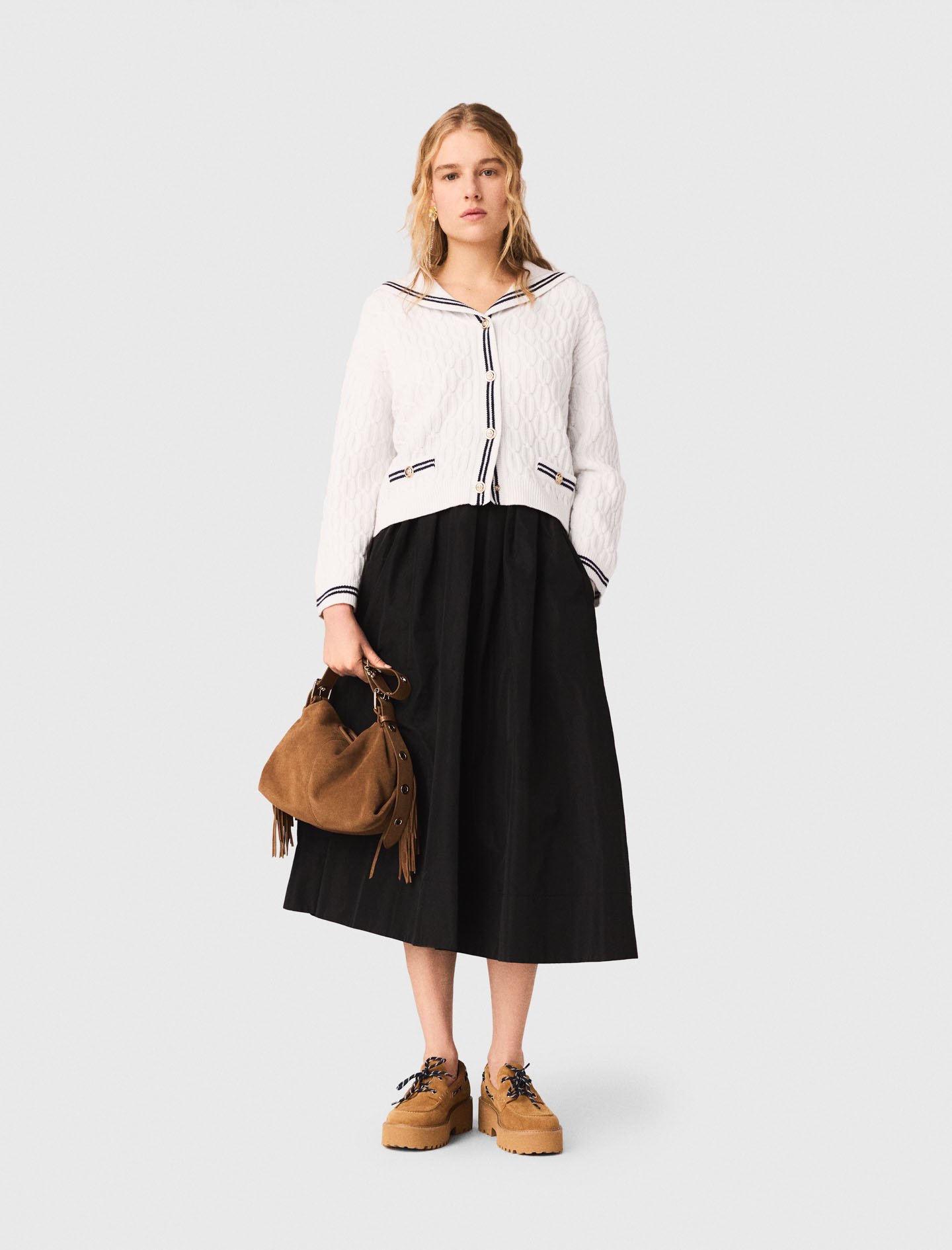 Woman's polyester maxi skirt with contrast waistband for Spring/Summer, size Extra Extra Large, in color Black /