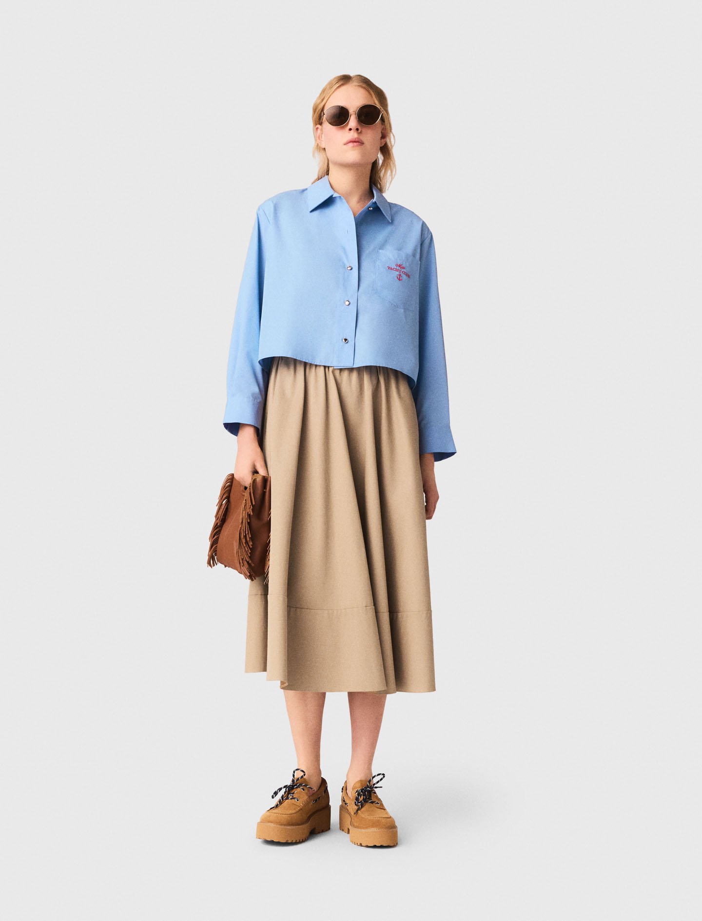 Woman's polyester Embroidered shirt with pleated back for Spring/Summer, size Medium, in color Blue / by Maje