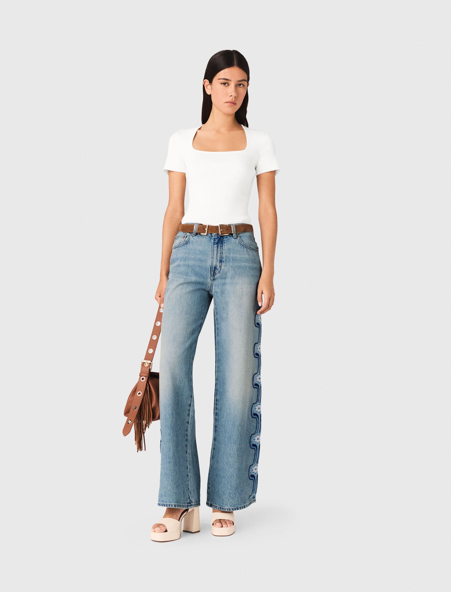 Woman's cotton Floral embroidered wide-leg jeans for Spring/Summer, size Large, in color Blue / by Maje
