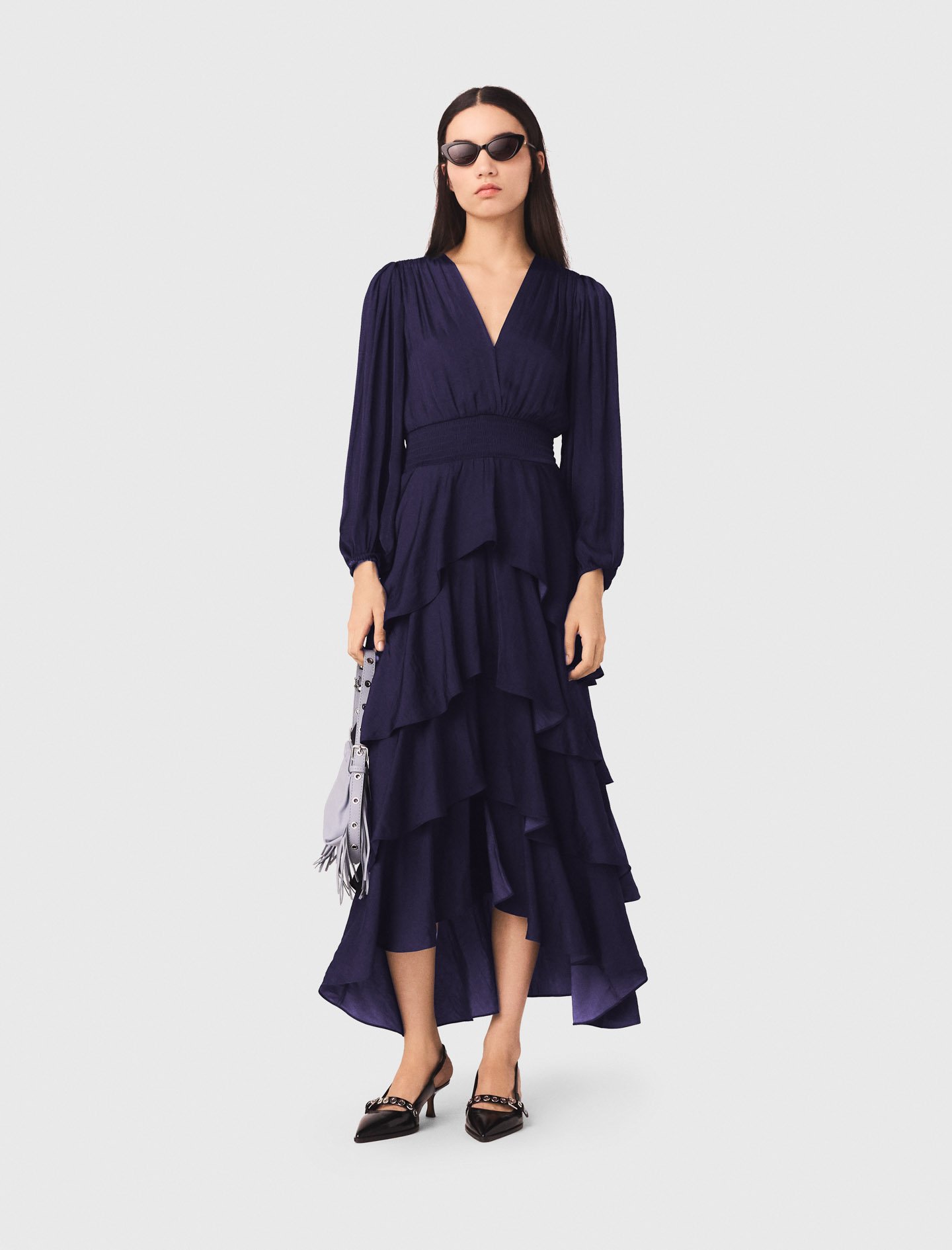 Woman's polyester Ruffled maxi dress for Spring/Summer, size Small, in color Navy / Blue by Maje