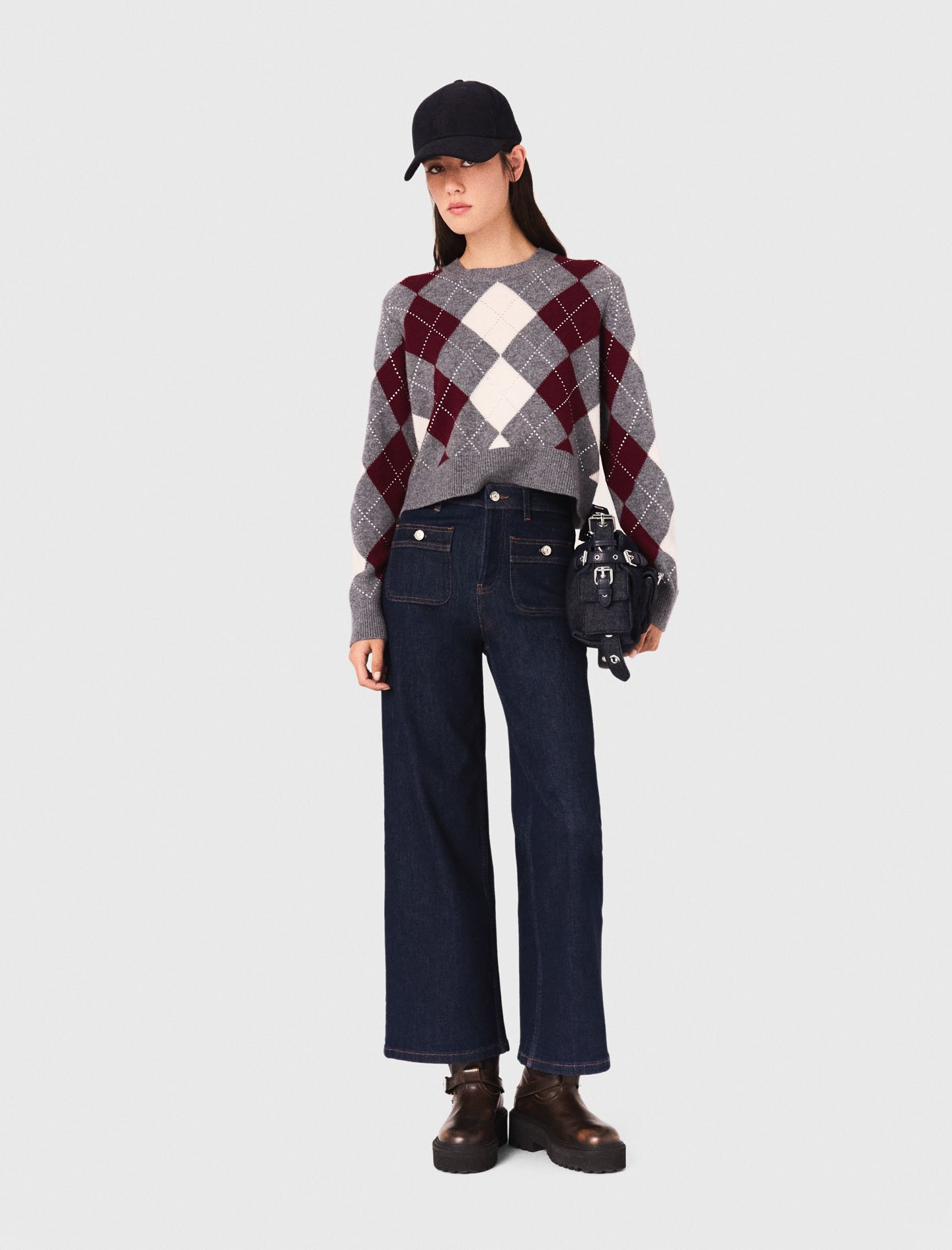 Woman's wool Cropped argyle pattern sweater for Fall/Winter, size Extra Small, in color Gray / Burgundy / Ecru /